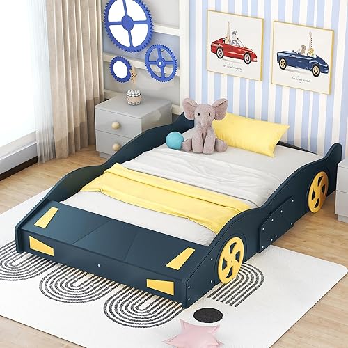 Miniatura 7 de Polibi Cama de plataforma en forma de auto de carreras de tamaño matrimonial con ruedas de almacenamiento y decorativas, marco de cama matrimonial