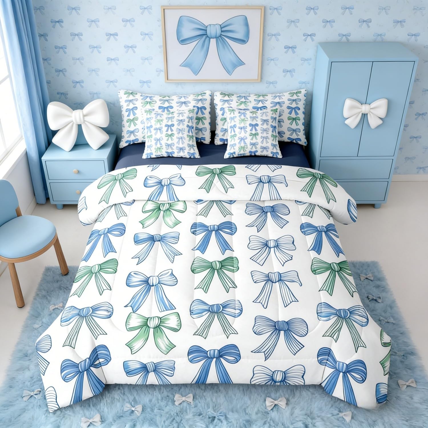 Erosebridal Green Blue Bowknot Full Bedding Sets for Girls Coquette Bows 7 Piece Comforter Set with Sheets Bow Tie Bed in A Bag Aesthetic Bed Set