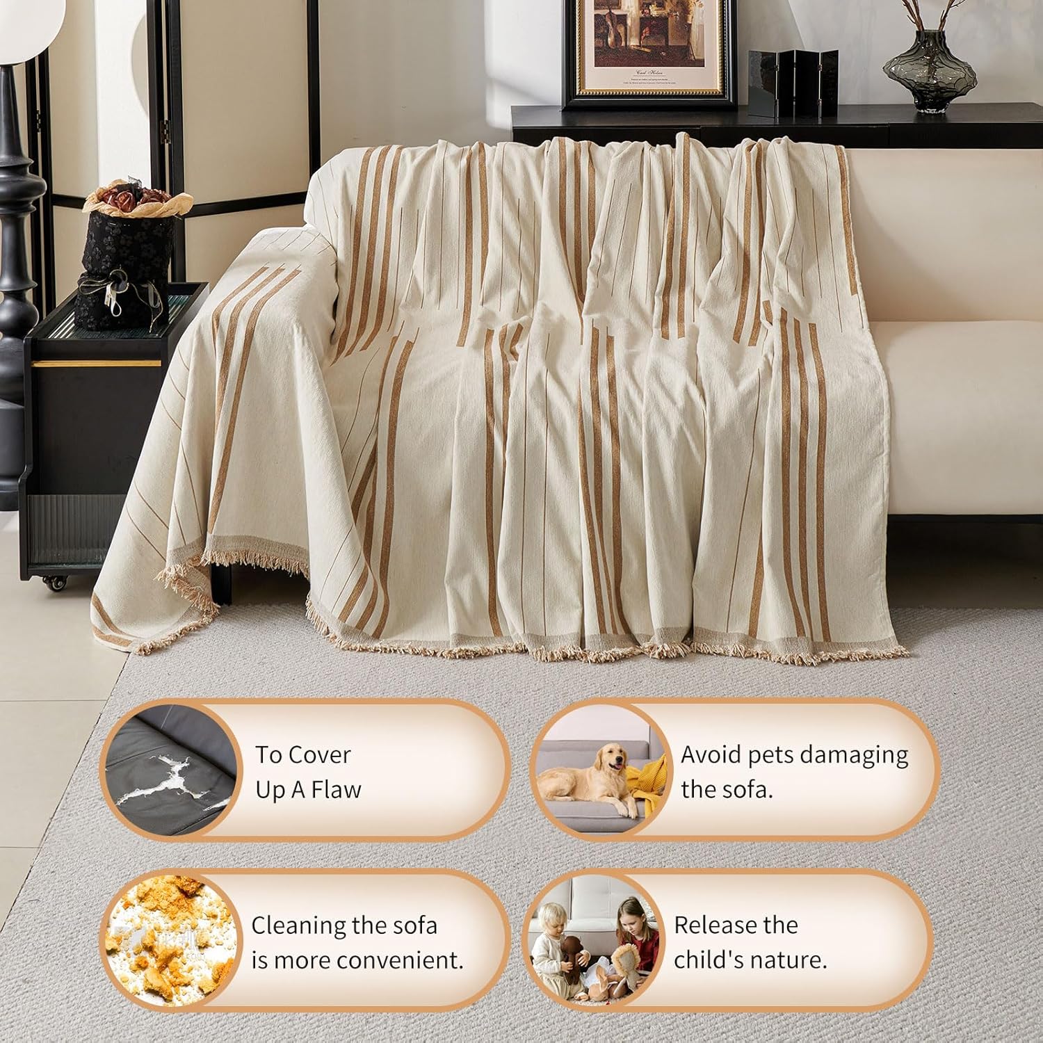 Boho Non Slip Covers Sofa Covers for 3 Cushion Chenille Dog Pet Couch Protector Washable Anti-Slip Sectional Couch Cover Tassels L Shaped Sofa Cover - Image 4