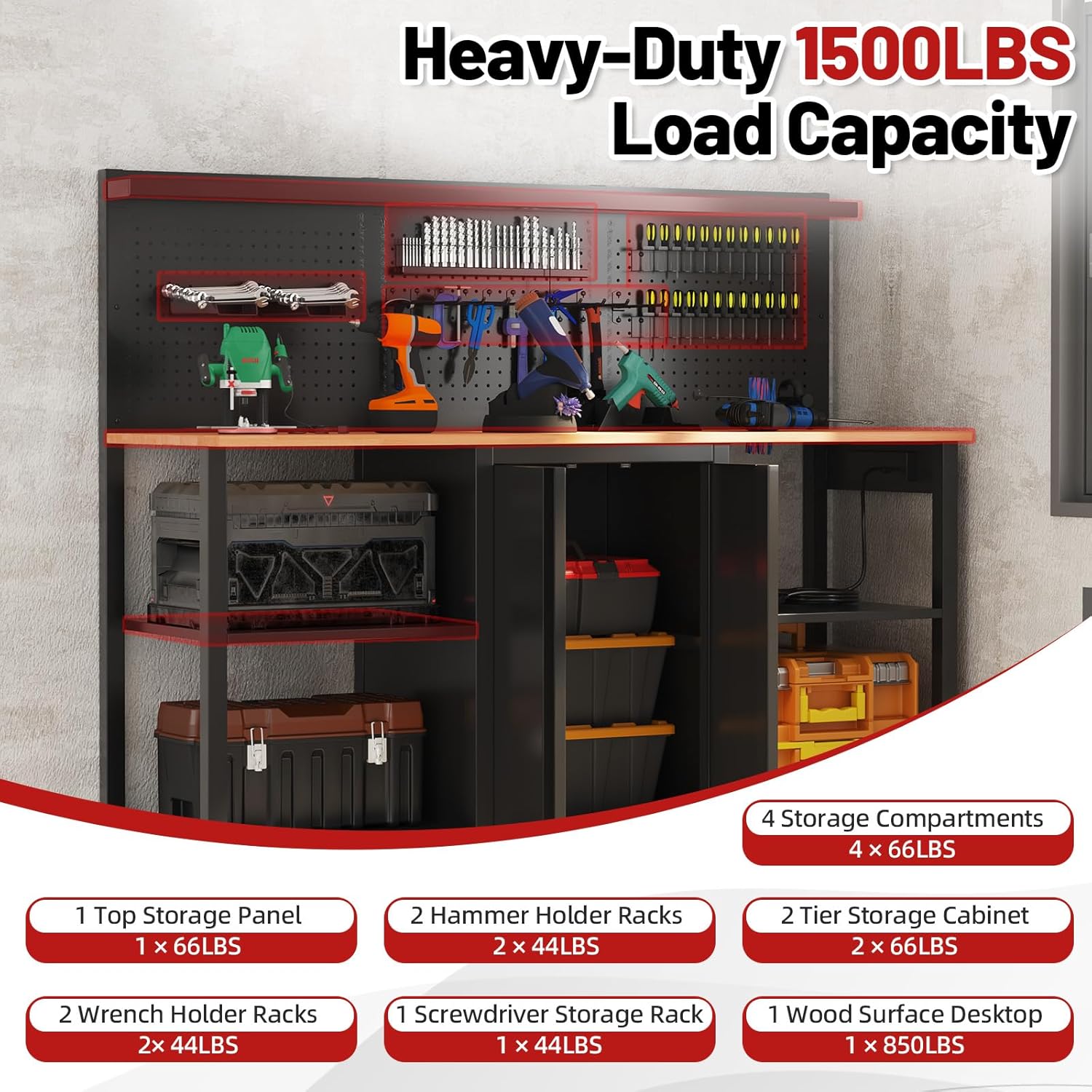 60’’ Workbench and Garage Cabinet Storage System 2000LBS Heavy Duty Work Bench Table with Top Storage Panel Wrench Holder Hammer Rack Hooks Screwdriver Rack Charge Station Tool Organizer