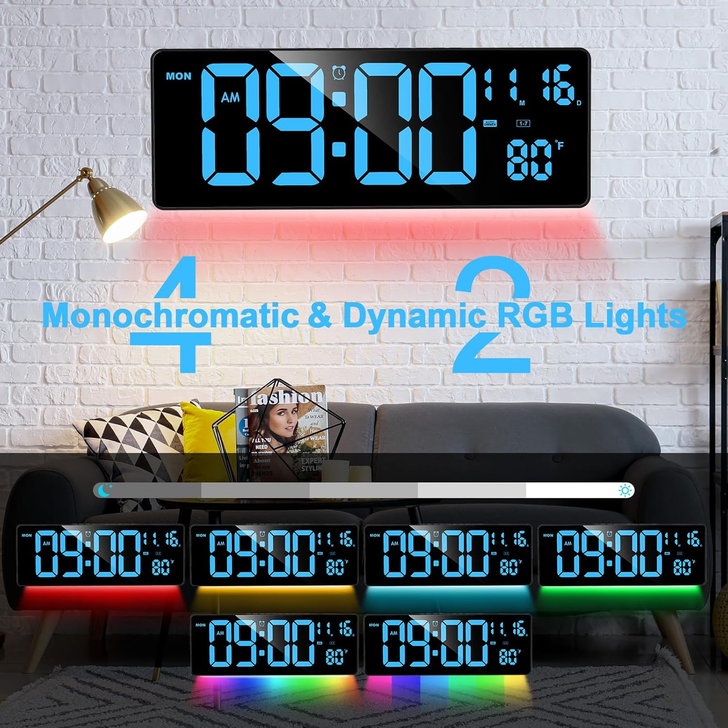 XREXS Digital Wall Clock showing various night light colors and dynamic RGB modes.