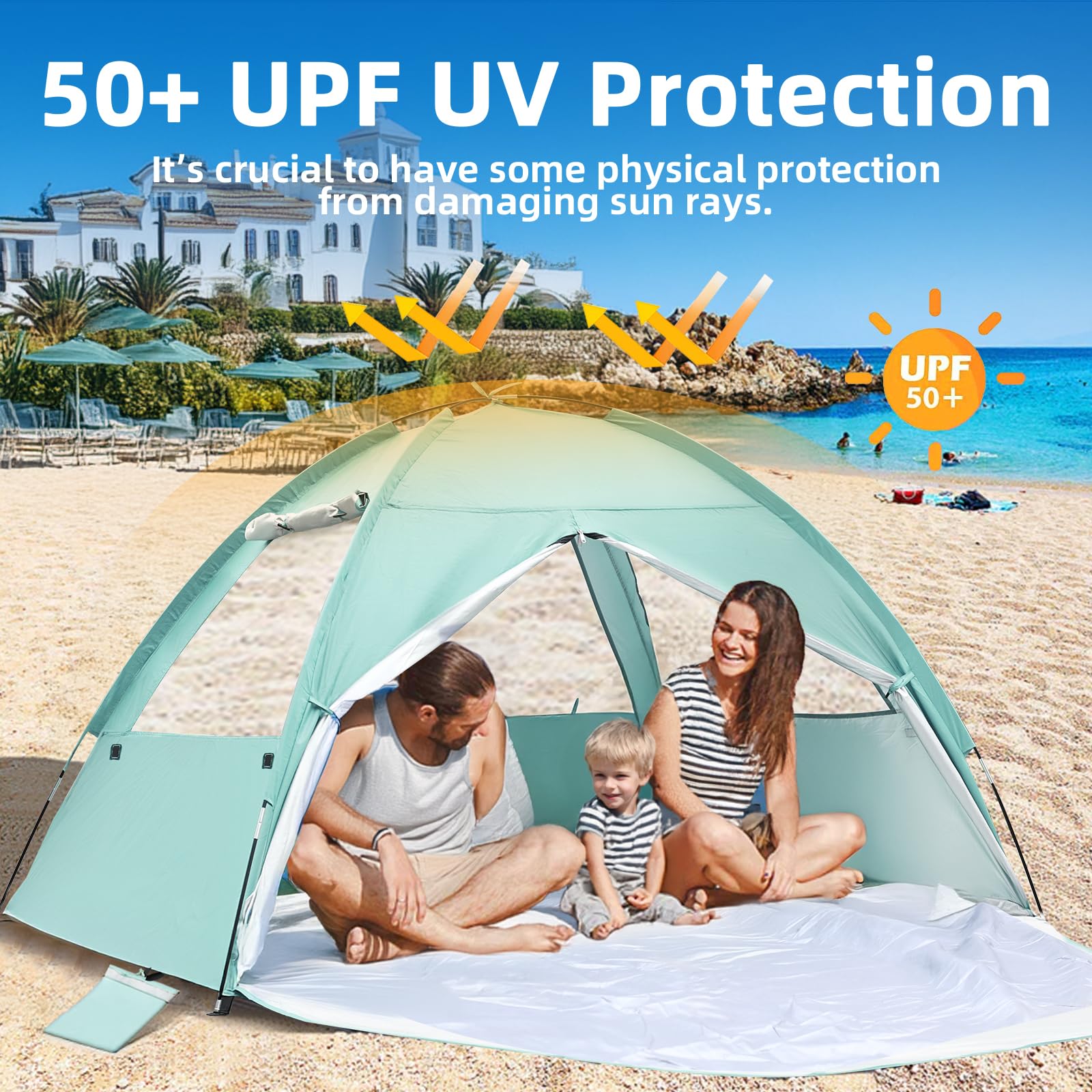 NHOWIN Beach Tent for 3-4 Person, Large Easy Setup Beach Shade Canopy with UPF 50? UV Protection, Portable Shade Tent with 3 Ventilating Mesh Windows for Outdoor, Picnics, Fishing