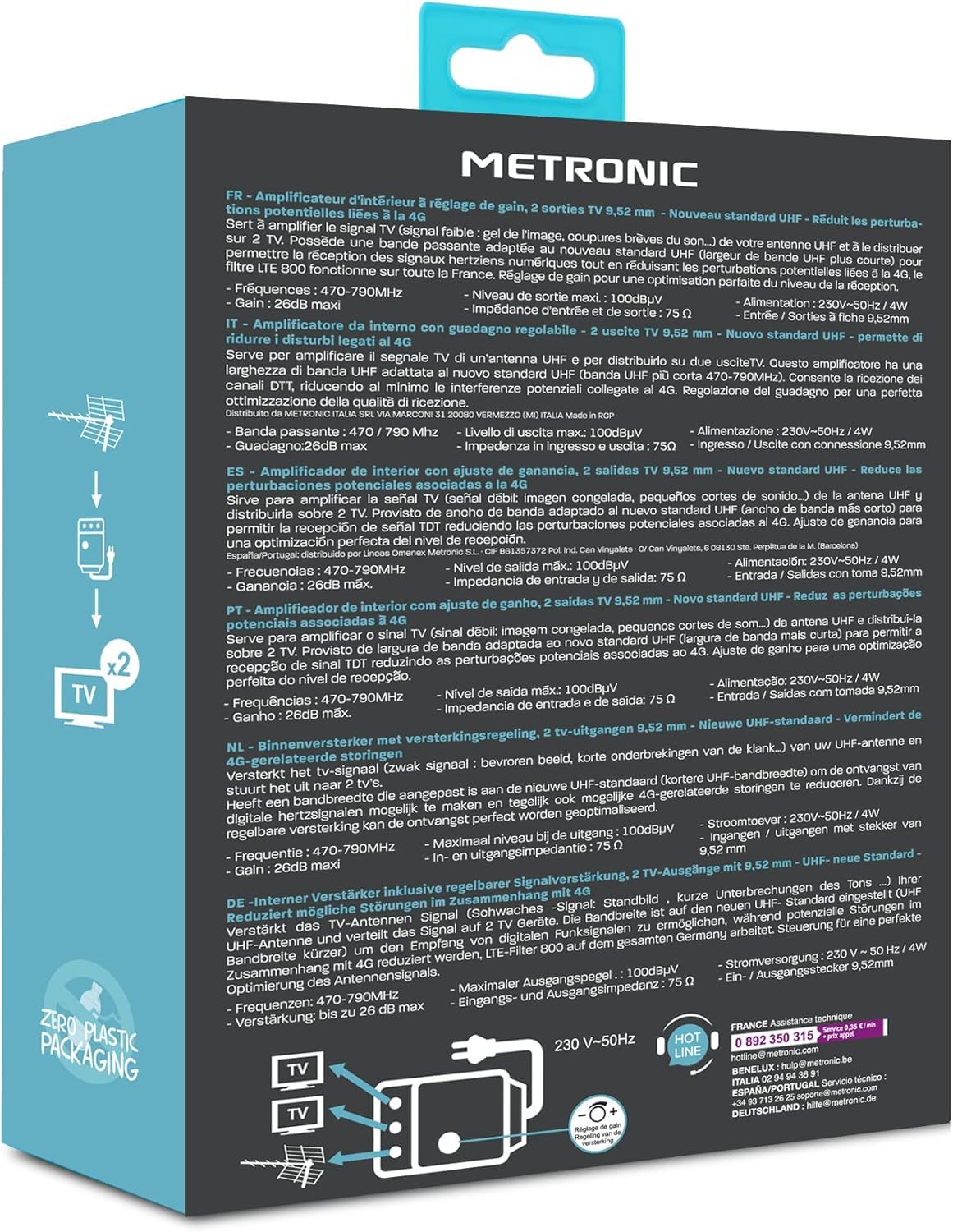 Metronic 332187 Amplificateur TV FM/VHF/UHF numérique terrestre avec Filtre 5G 2x24dB réglable, 1 entrée/2 Sorties, intérieur, 47/694MHz, Blanc