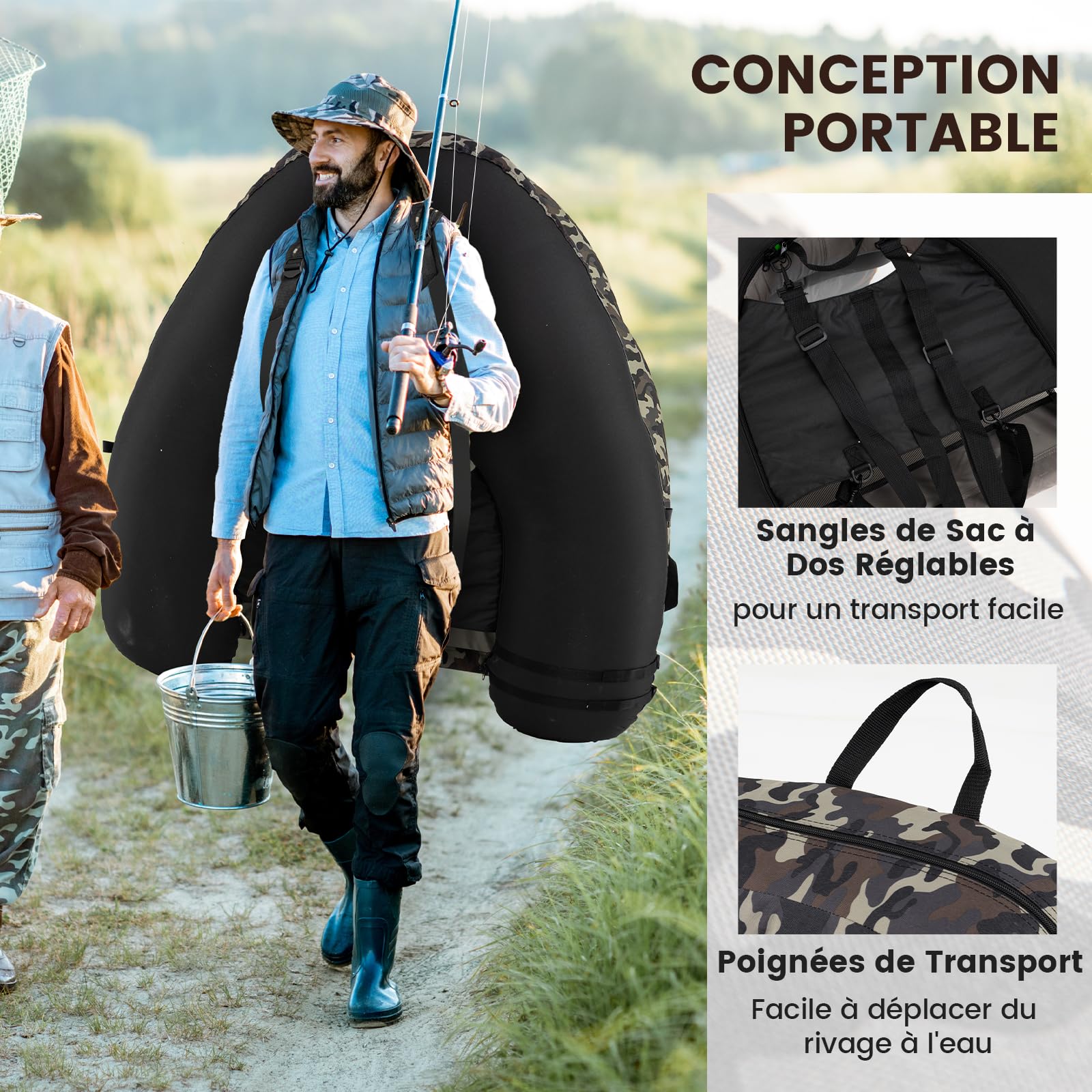 GOPLUS Float Tube 1 Place avec Support de Canne, Bateau de Pêche Gonflable Dossier, Sangles Réglables,Portable avec Pagaie en Alu.,Pompe, Flotteur avec Poches Rangement