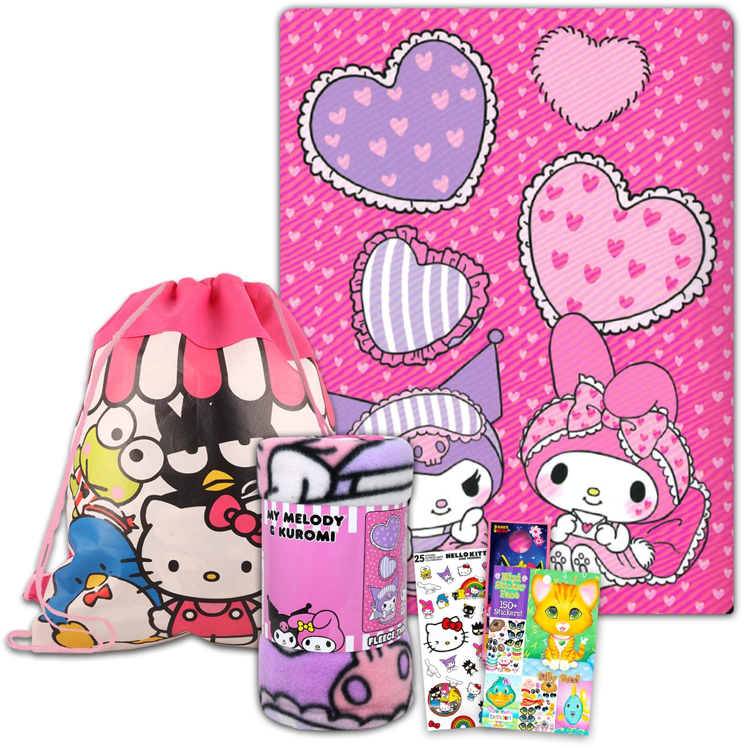 Hello Kitty Fleece Blanket Sleepover Set for Girls - Bundle with 45x60 Inch My Melody Throw Blanket, Kitty Bag, Stickers and More