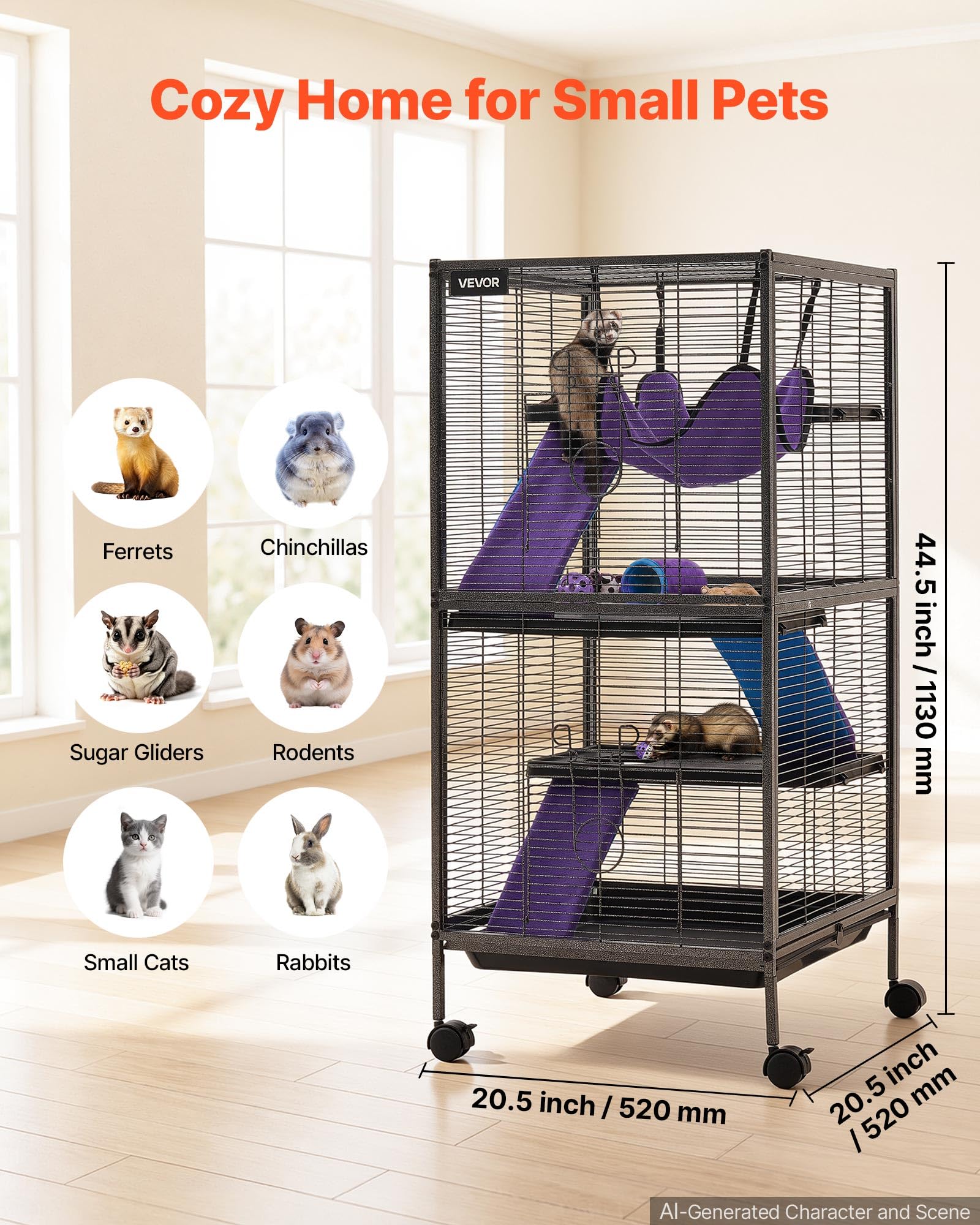 VEVOR Gabbia per Piccoli Animali in Metallo 113 cm a 4 Livelli con Ruote