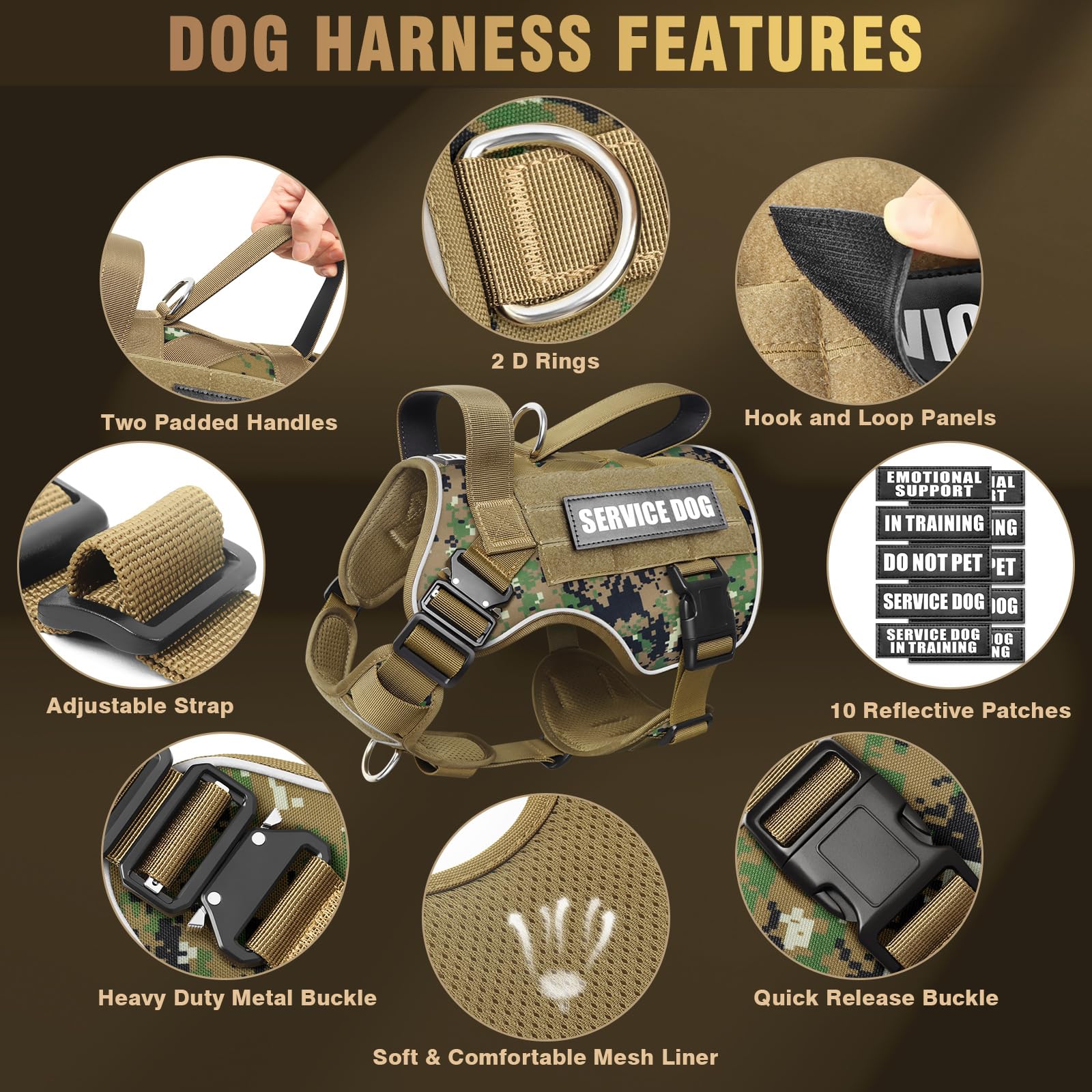 WINSEE Arnés táctico para Perros Grandes, Chaleco MOLLE de Trabajo de Servicio con 10 Parches para Mascotas, 2 Hebillas de Metal, arnés Resistente para Entrenamiento, Caza y Caminata