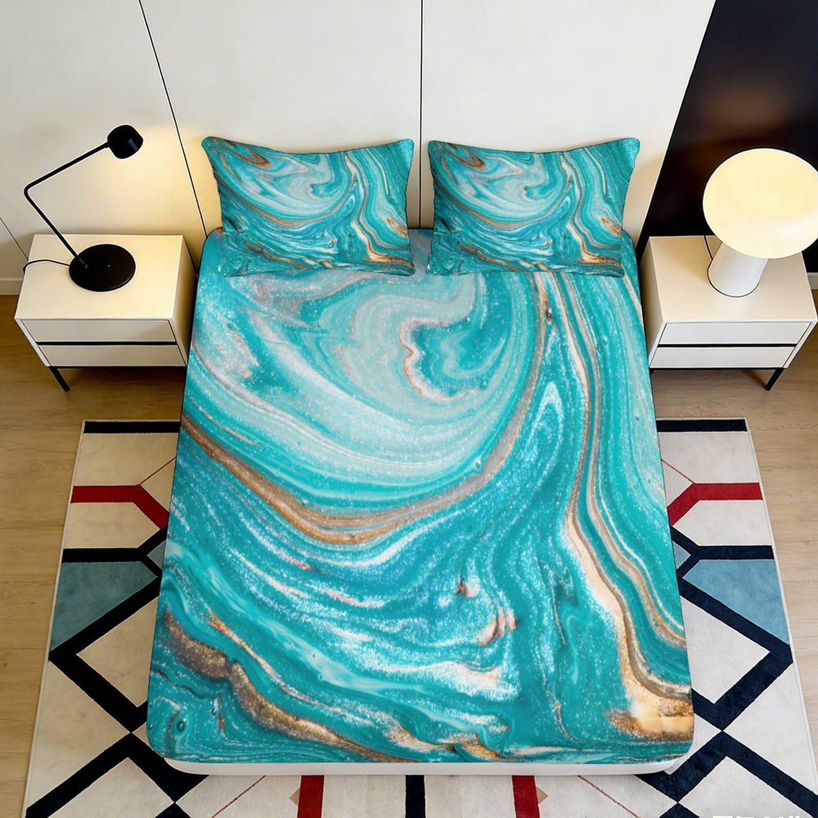 3D Printed Turquoise Marble Fitted Sheet Microfiber Soft Breathable Swirl Pattern Mattress Cover for Bedroom Dormitory Guest Room Protection Decor 180x200x25cm
