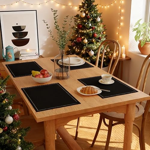 Encasa XO Juego de 4 manteles individuales  Diseño de dobladillo de algodón  Negro  Rectangular 19 x 13 pulgadas  Tapete de mesa de comedor  para