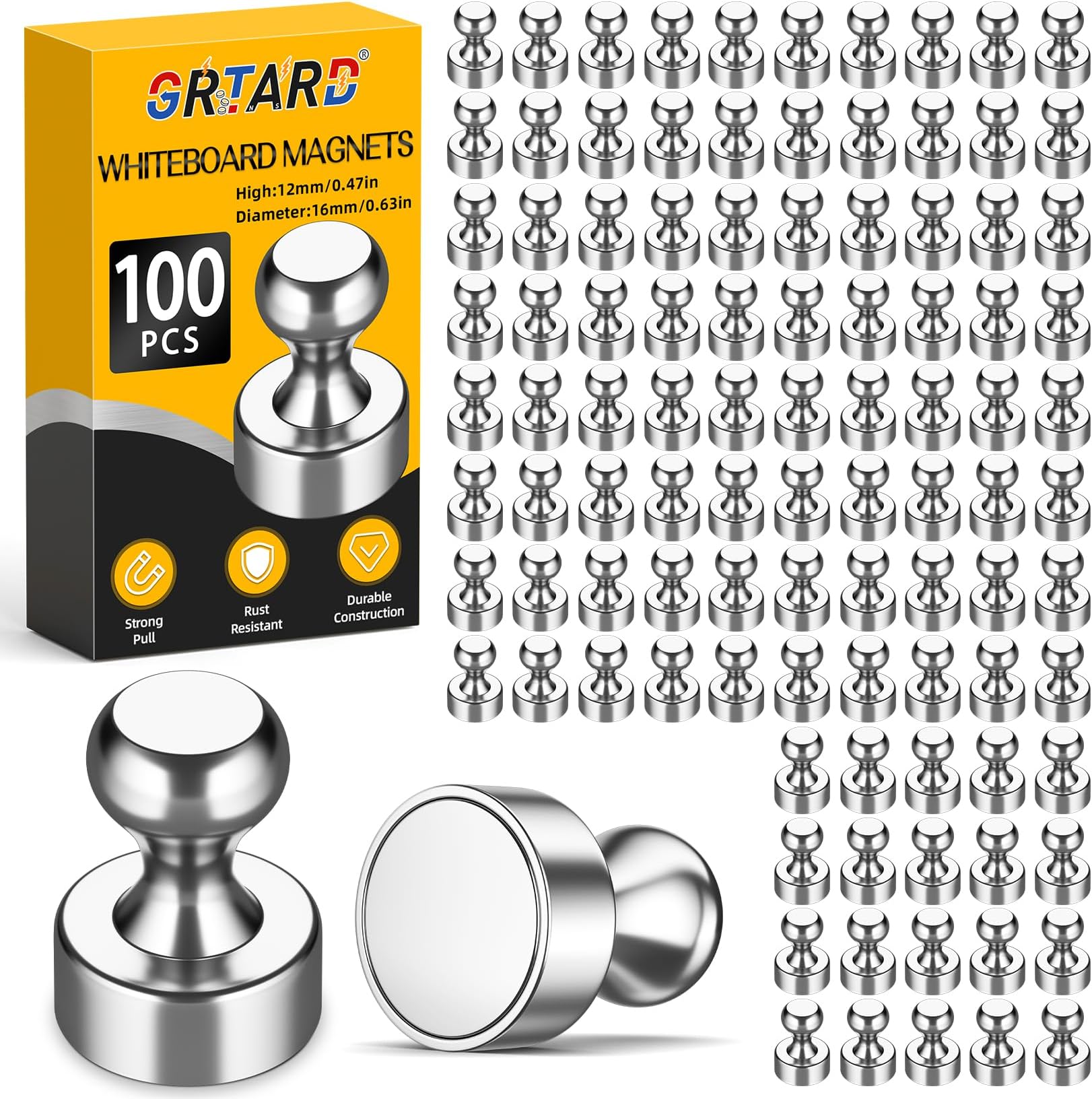 Grtard 100 Pack Magnetic Push Pins, Fridge Magnets for Whiteboard, Whiteboard Magnets Refrigerator Magnets, Small and Strong Push Pin Magnet for Office, School, Locker, and Map Magnet (Silver)