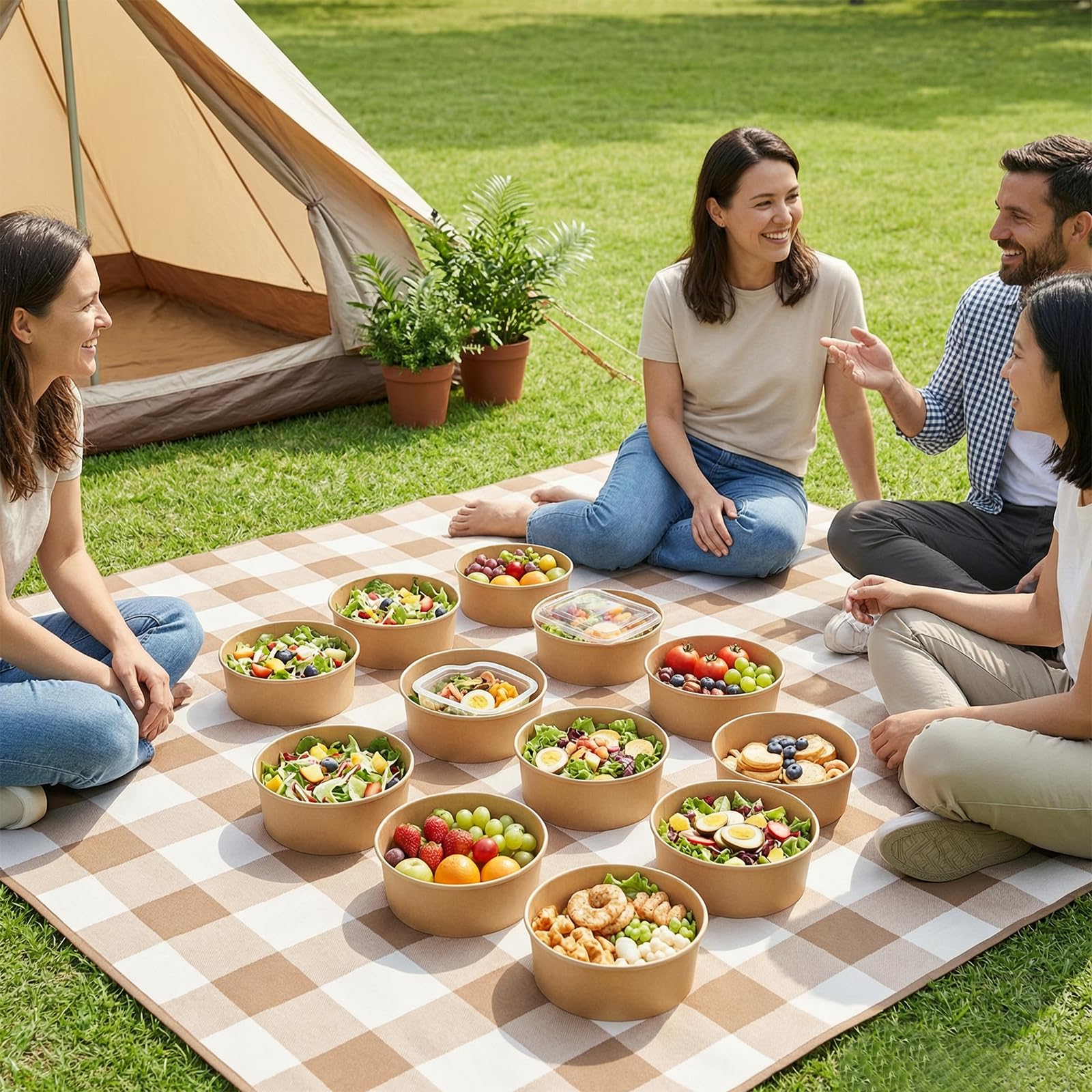 500ml Bol saladier avec couvercle, 50pcs disposable food container, saladier jetable pour buffet avec couvercle PET étanche parfait pour buffet pique-nique et fête