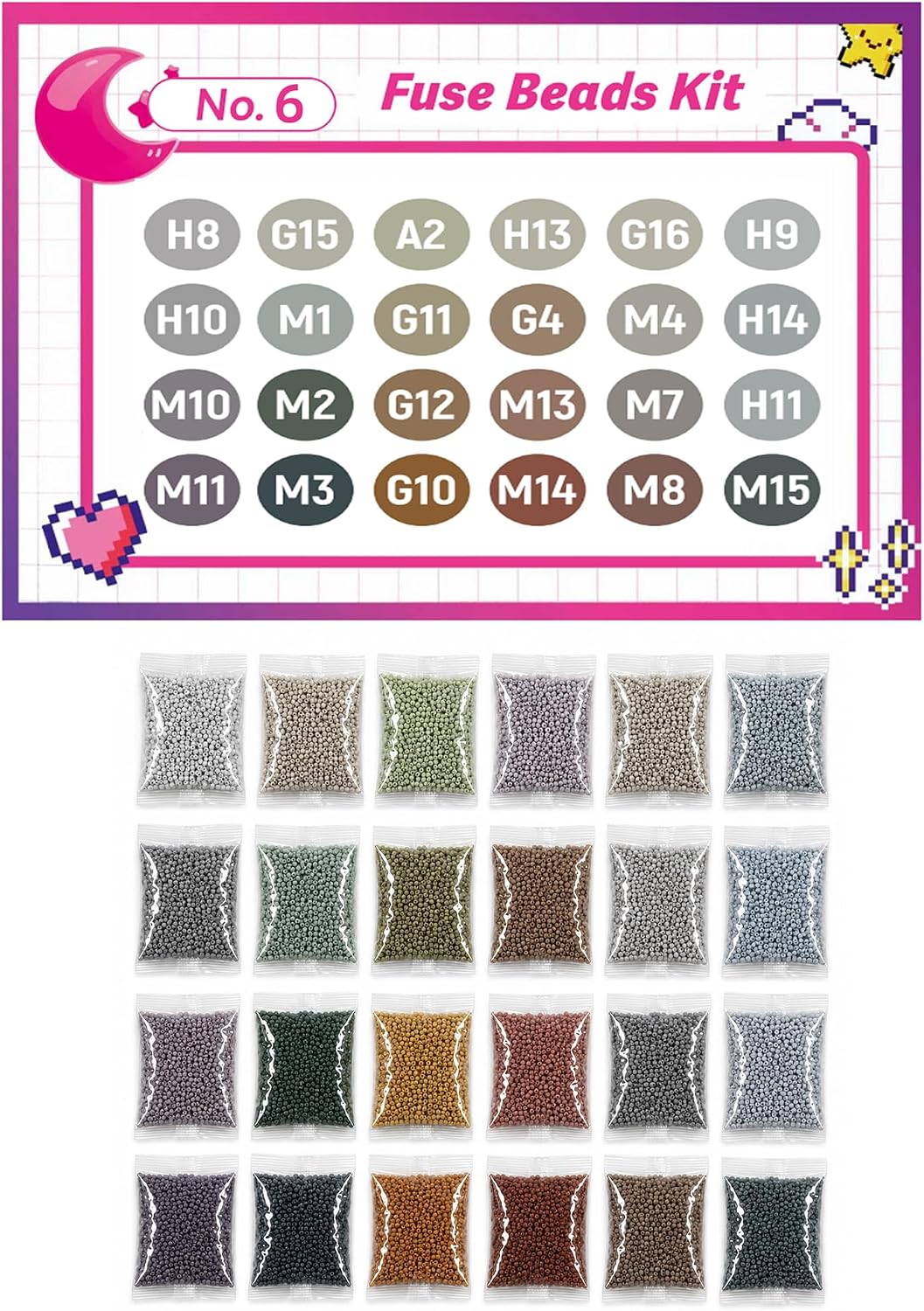 2.6mm Fuse Beads Refill Kit – Color Palette 6, 24000+ Pcs, 24 Colors (1000 Each), Mini Beads for DIY Pixel Art & Crafts, Smaller Than 5mm (No Tools)