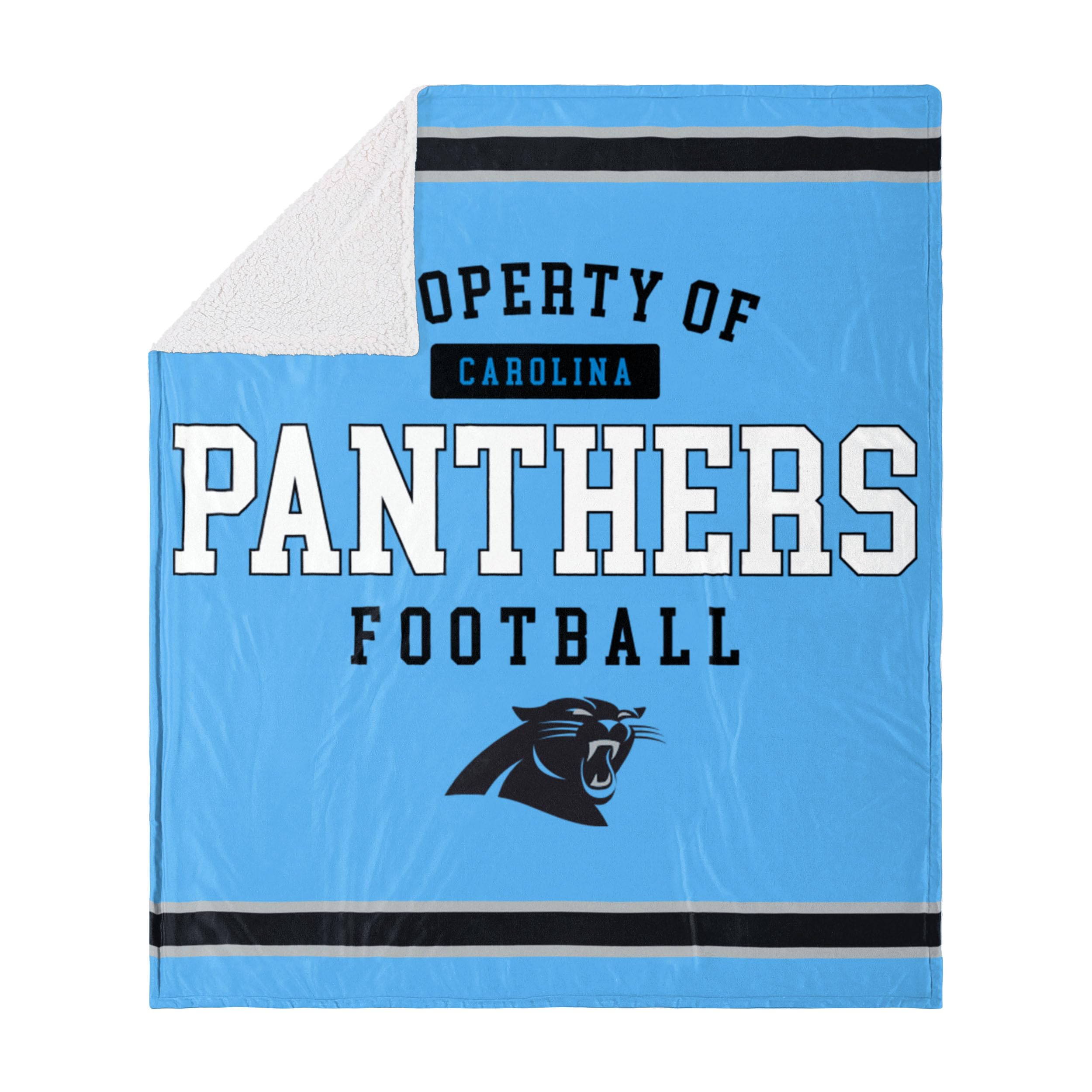 FOCO NFL - Coperta in pile Sherpa con grafica Carolina Panthers e scritta “Property of”