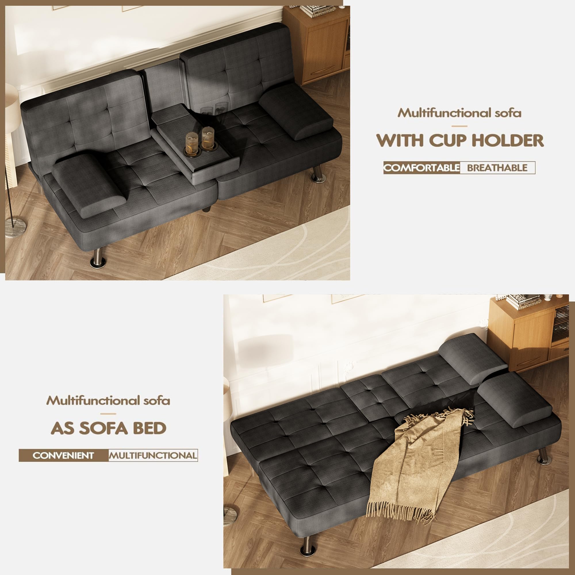 Homall Black Linen Futon Sofa Bed, Futon Couch for Living Room | Adjustable Recliner Sleeper Sofa with Removable Armrests & Dual Cup Holders, Futon Set for Apartment, Office