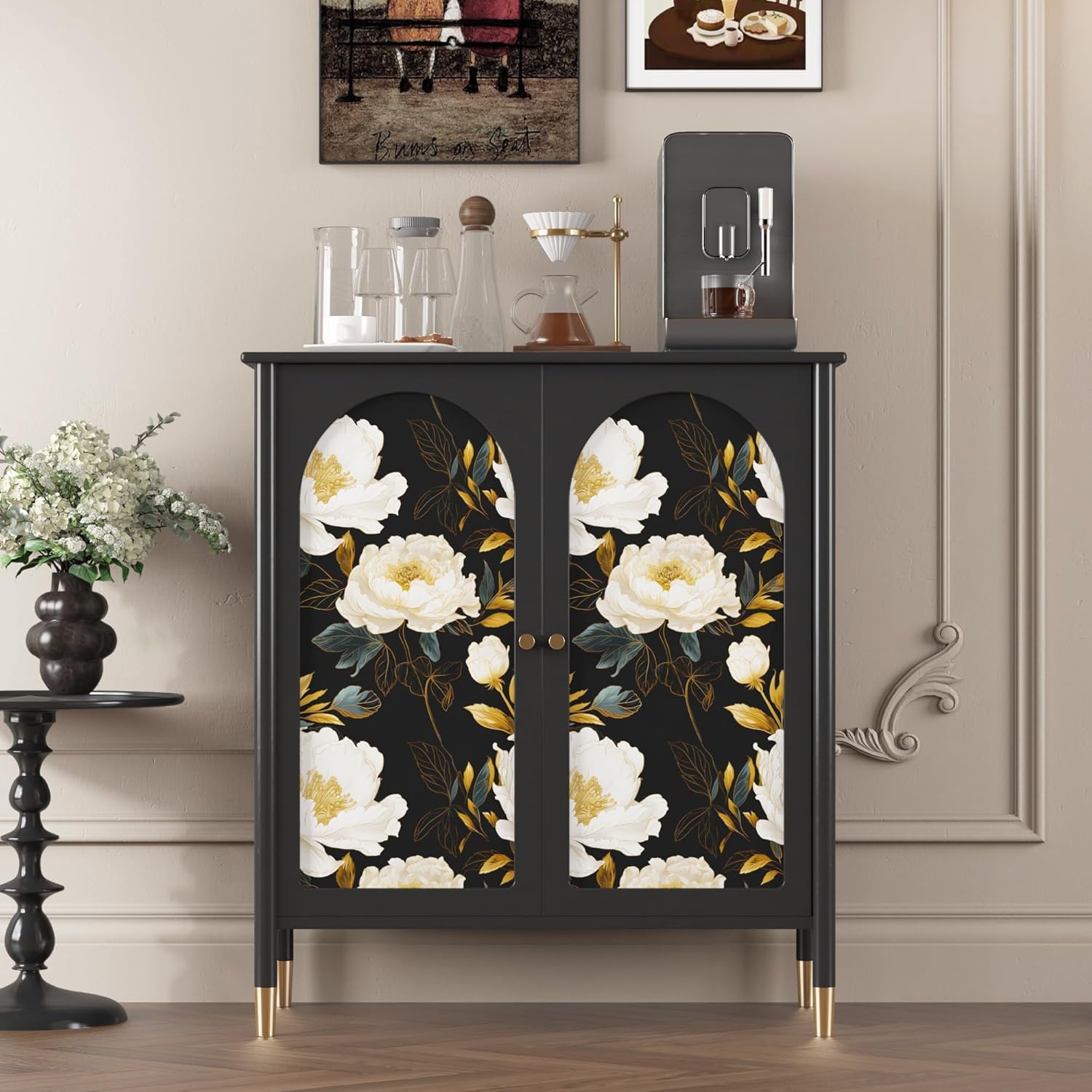 Extra Long Dark Floral Peel and Stick Wallpaper, 17.5In x 393In Vintage Big Peony Flower Waterproof Wallpaper for Room Cubicle Drawer, Vinyl Removable Contact Paper Wall Decor Black White