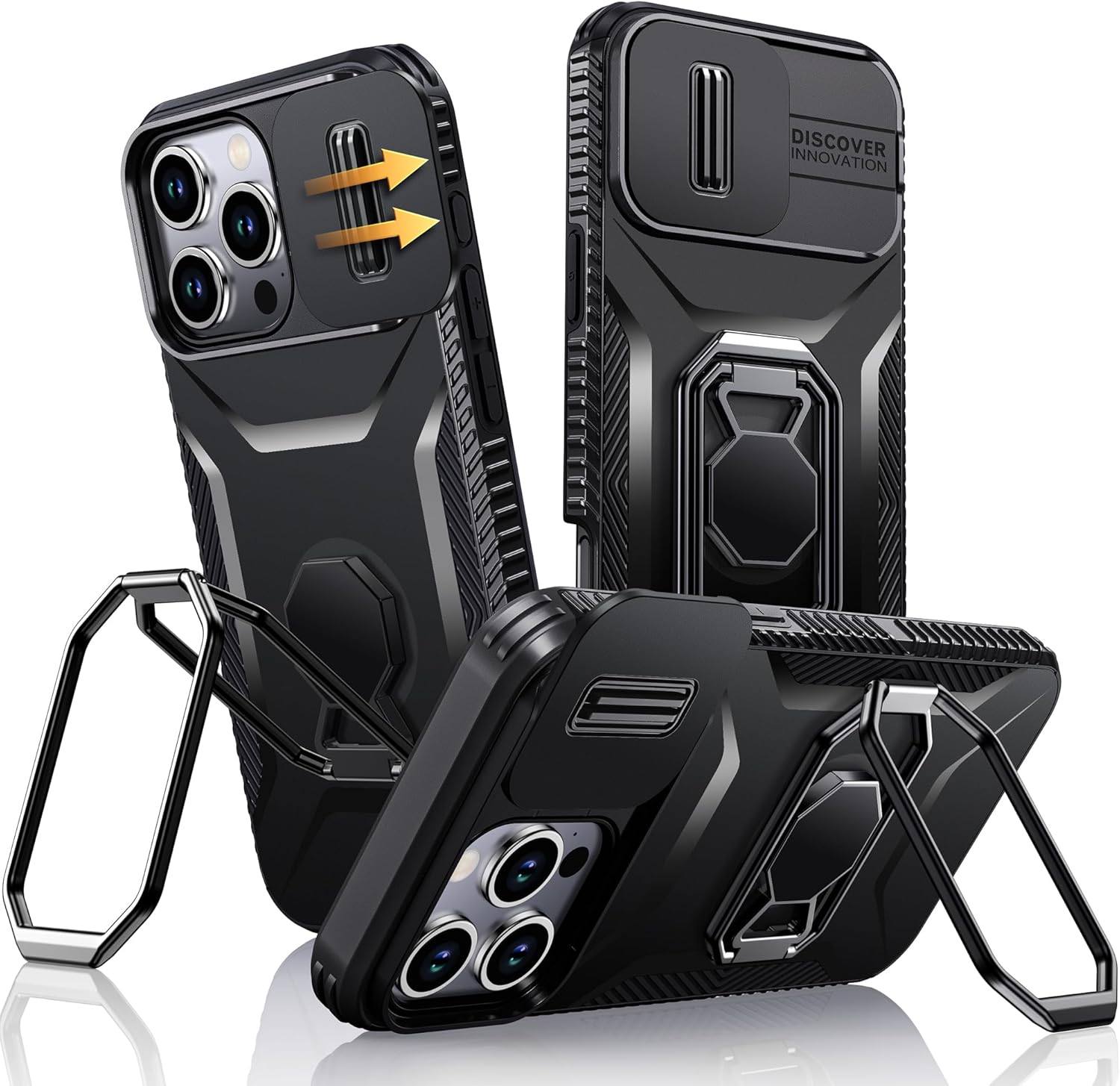 XYZ for iPhone 16 Pro Max Case with Stand, 16 Pro Max Phone Case with Ring Holder Kickstand Slide Camera Cover, Shockproof Military Hard Protective Cover Case for iPhone 16 Pro Max 6.9″, Black