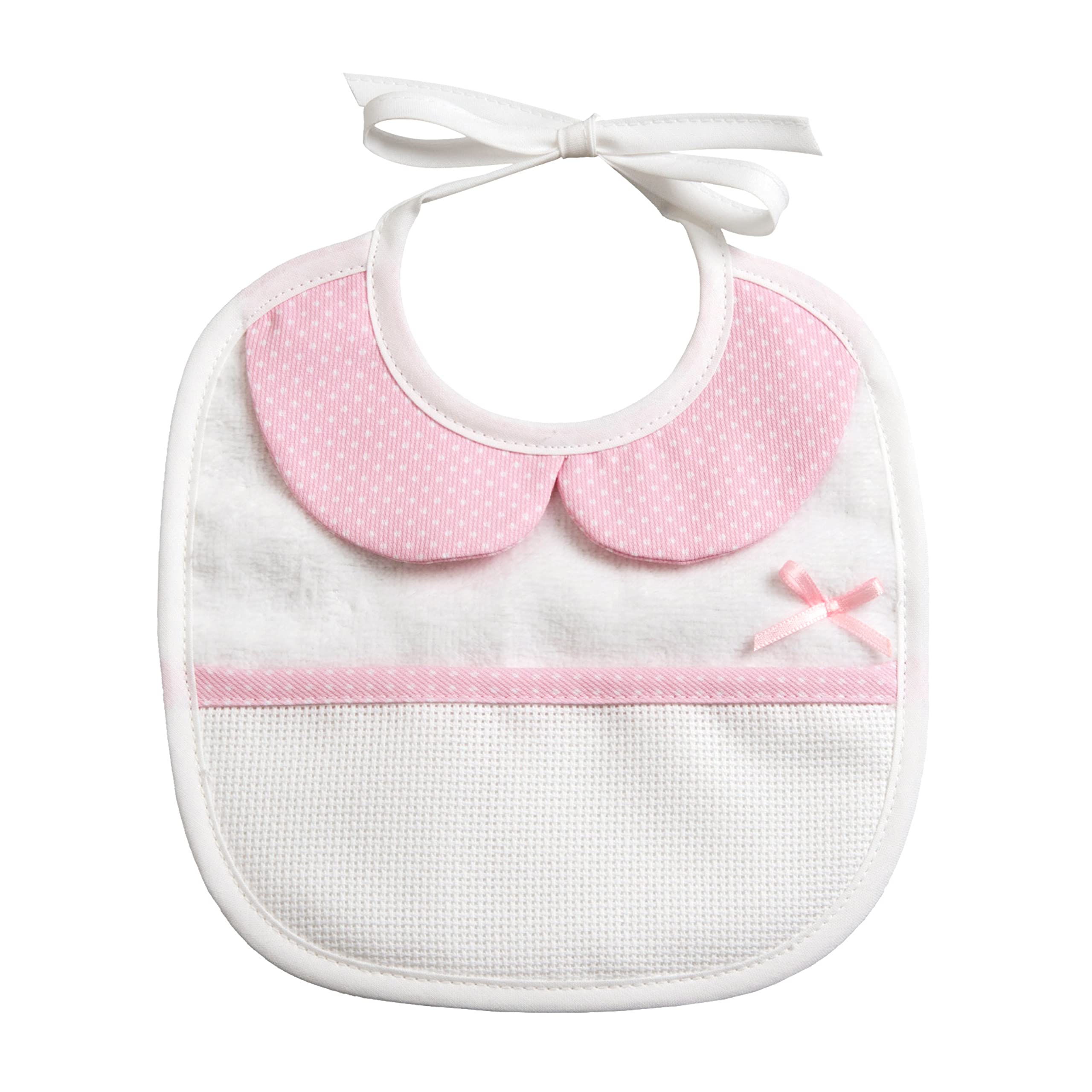 Bavaglino Neonata in Morbida Spugna Bianca e Colletto Rosa, Tasca da Ricamare, 100% Made in Italy, Taglia Unica