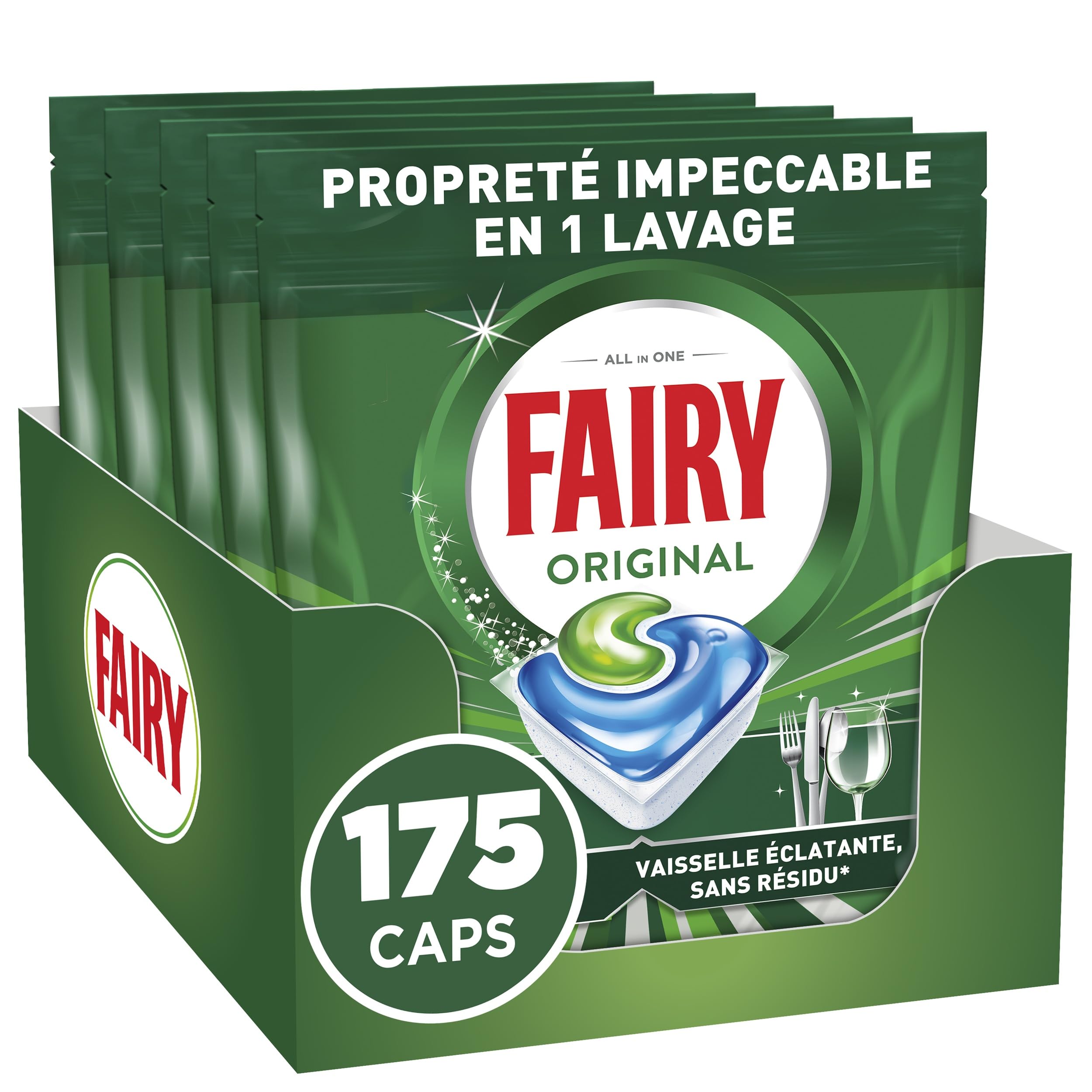 Fairy Original Tablettes Lave-Vaisselle Tout-en-1, 175 Tablettes (35x5), Sans Parfum, Efficaces Contre La Graisse Incrustée, Dissolution Ultra-Rapide, Sans Odeur ni Résidus