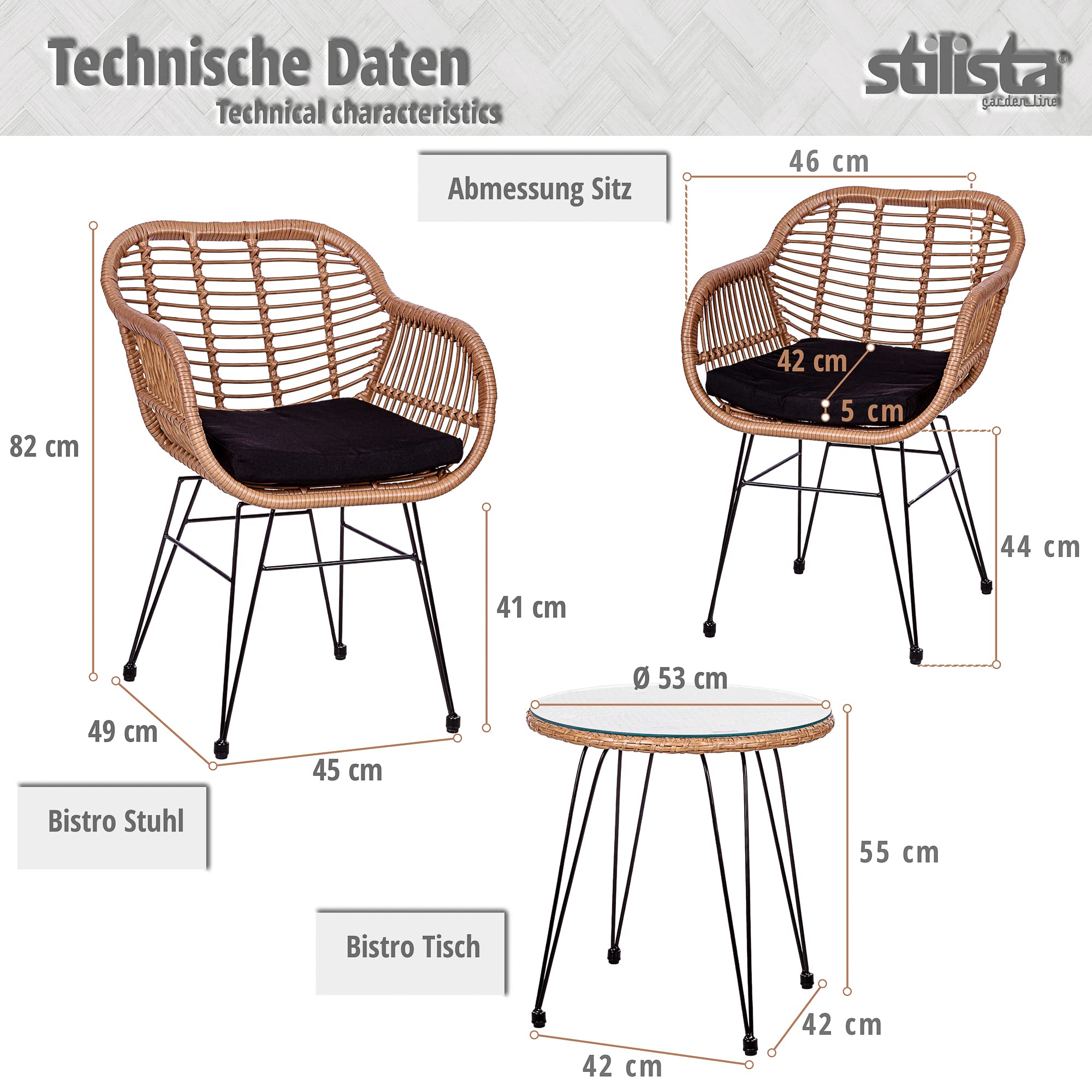 STILISTA 3-teiliges Poly-Rattan Bistroset 2 Lounge Sessel Beistell-Tisch Wetterfest Indoor Outdoor geeignet