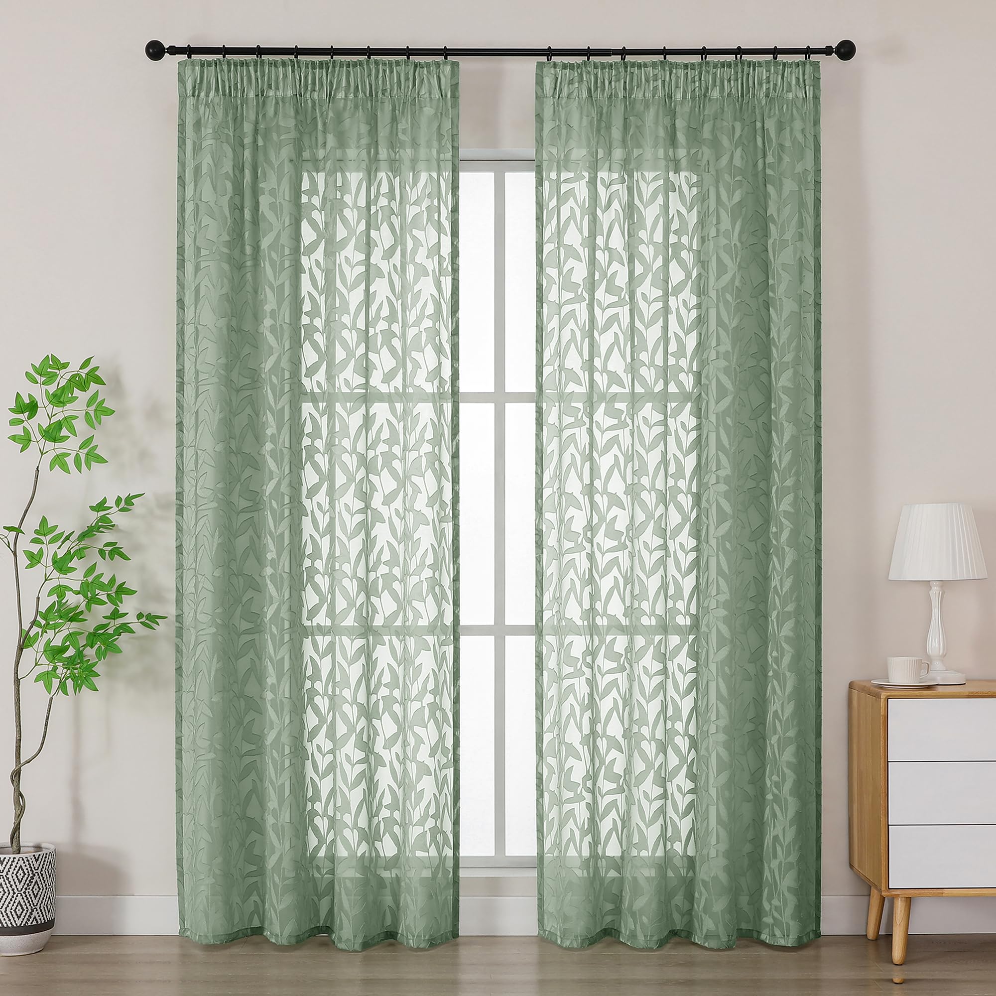 Simplebrand Sage Green Textured Sheer Curtains 2 Panels W140 x L200cm, Leaf Clip Jacquard Voile Curtains, Pencil Pleat Semi-Sheer Window Drapes for Living Room Patio Doors Home Decor