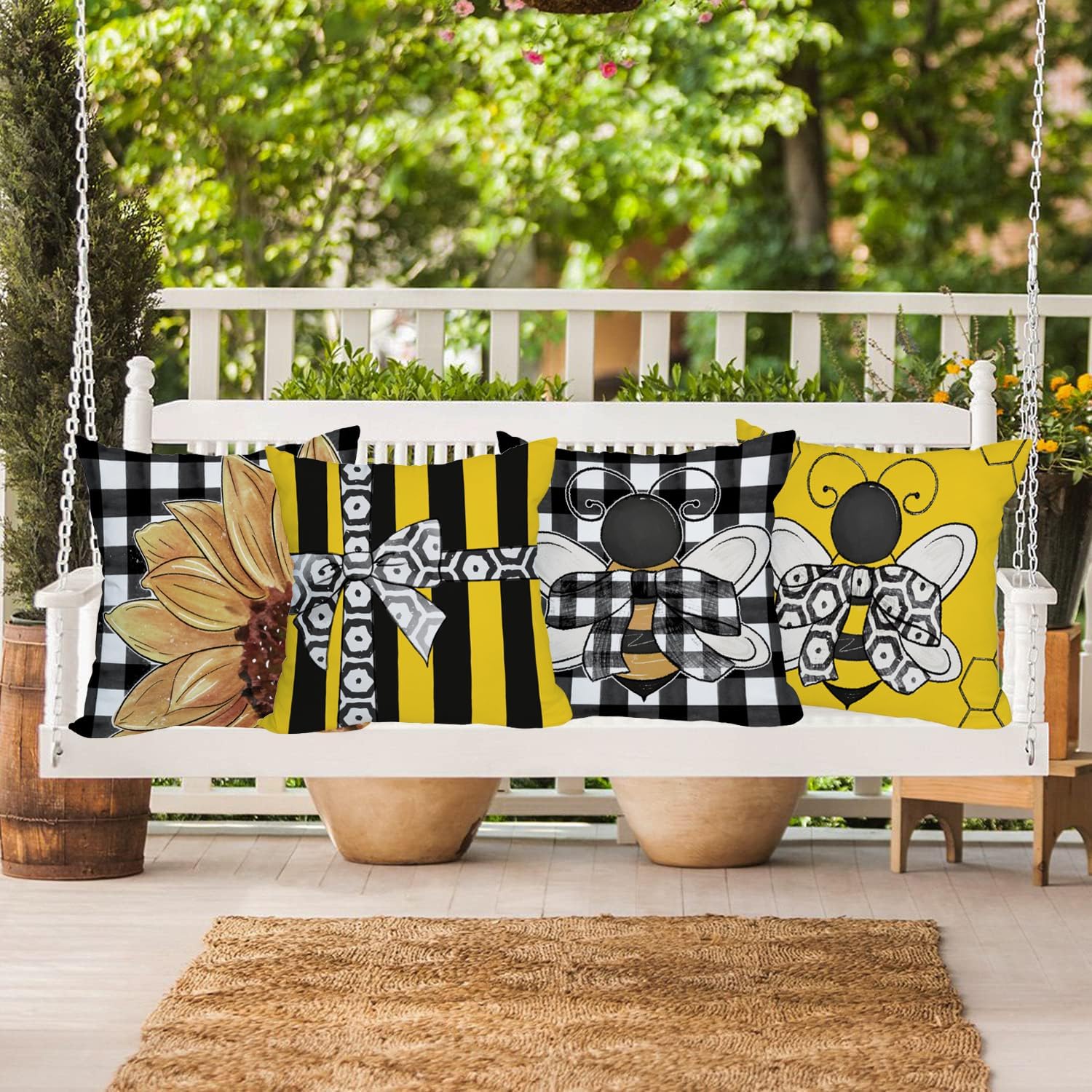 Outdoor Waterproof Summer Bee Sunflower Throw Pillow Covers Set of 4 24x24 Inch Yellow Black Buffalo Honeycomb Pillow Cases Double Sided Cushion Cover for Patio Bench Balcony Chairs