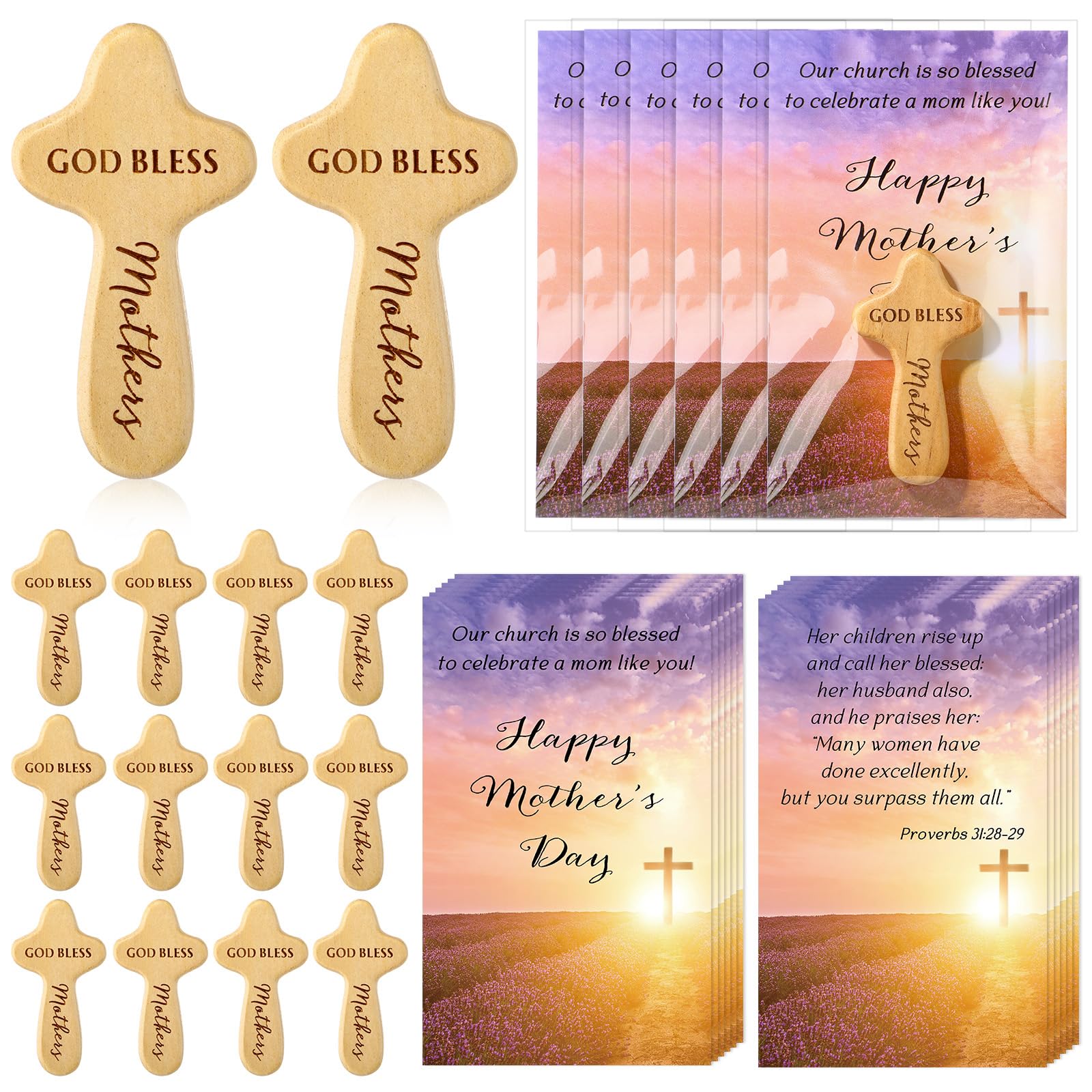 CraftyDream 20 Sets Christian Gift for Mom Mother's Day Christian Wooden Cross Handheld Pocket Cross with Bible Verse Card and Bags Religion Bible