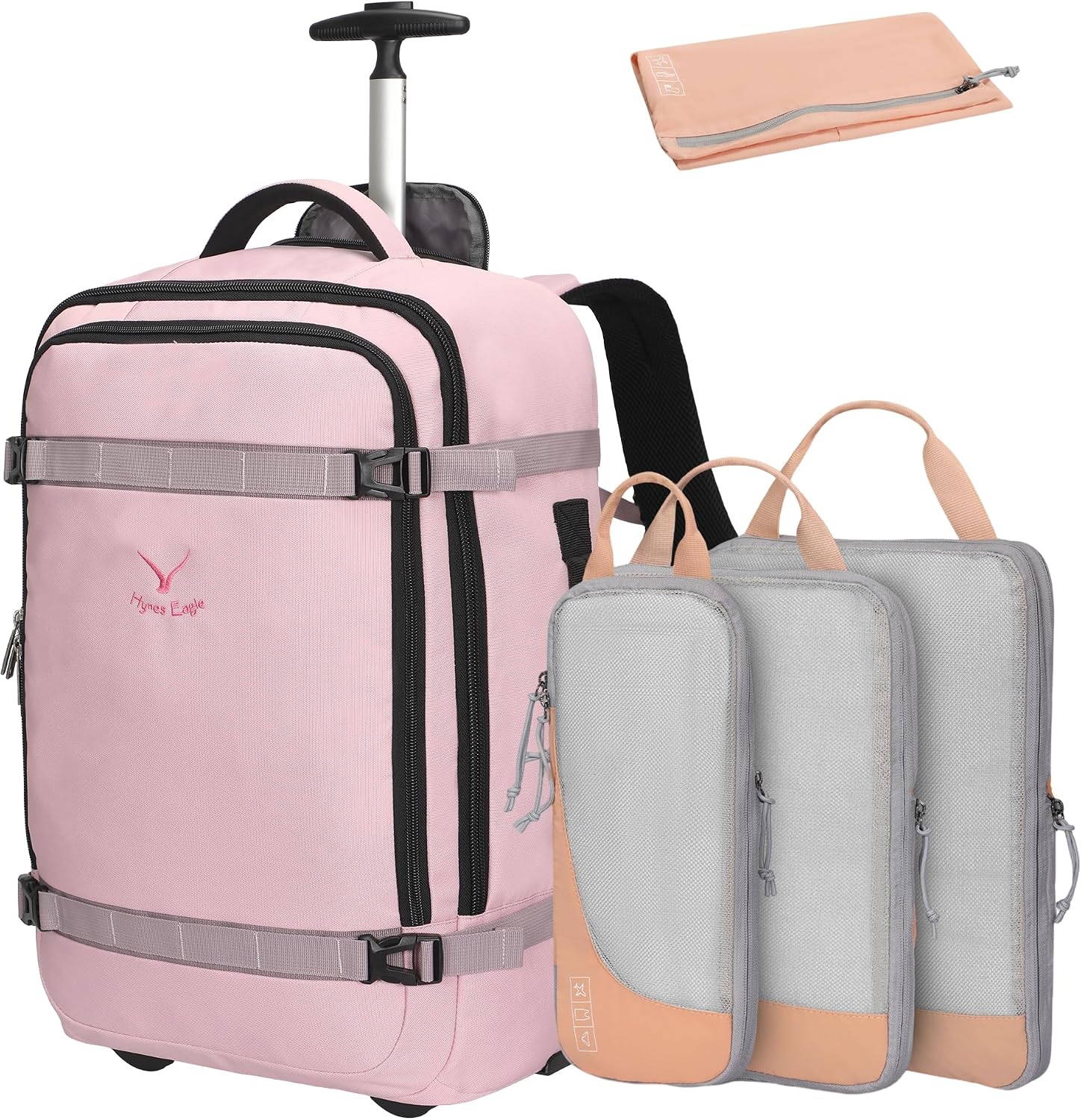 Hynes Eagle 42L Rolling Backpack Wheeled Backpack Flight Approved Travel Backpack Carry on Luggage Light Pink with Compression Packing Cubes Set 4PCS Light Pink