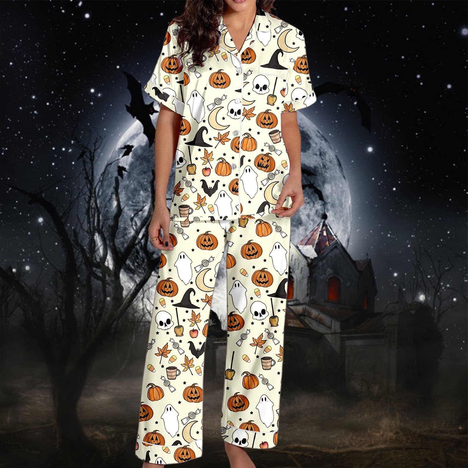 Genérico Conjuntos Pijama Mujer Halloween Satén Seda Manga Corta Abotonado Pantalones Cortos Ropa Dormir Cómoda Elegante Otoño Invierno