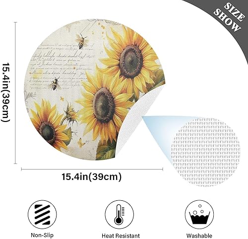 Miniatura 4 de Retro Sunflowers Bees PVC Placemat, Heat Resistant Non Slip PVC Placemats Set of 4 Wipeable