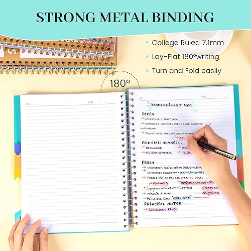 Miniatura 54 de CAGIE Cuadernos de espiral para trabajo escolar con pestañas divisoras extraíbles, 8.5 x 11 pulgadas, cuaderno de 5 materias a rayas universitarias