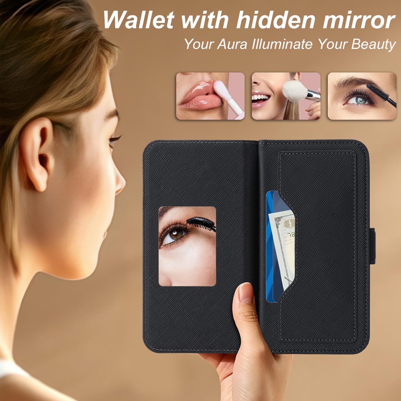 Etui crossbody do iPhone 17 Pro Max/17 Pro/17 Air/17, skórzany pokrowiec z klapką na zamek błyskawiczny, z funkcją lusterka do makijażu, podpórka, miąższ, 17 Air