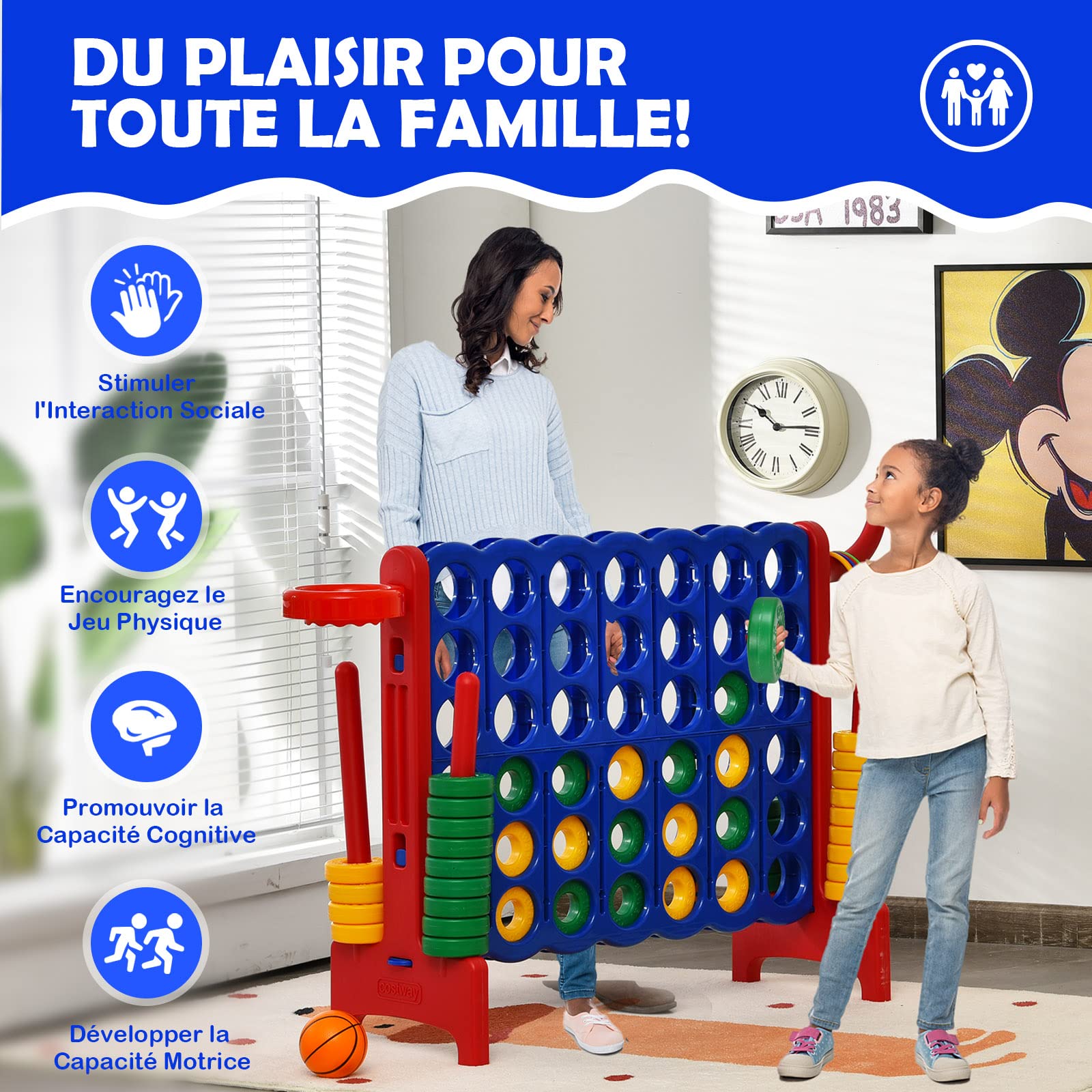 DREAMADE Puissance 4 Géant pour Enfants sur Pied 84 x 33 x 79 CM avec 42 Anneaux, Levier de Réinitialisation du Jeu, Jeu de Société pour Réunions de Famille,Maternelle,Camping (Rouge)