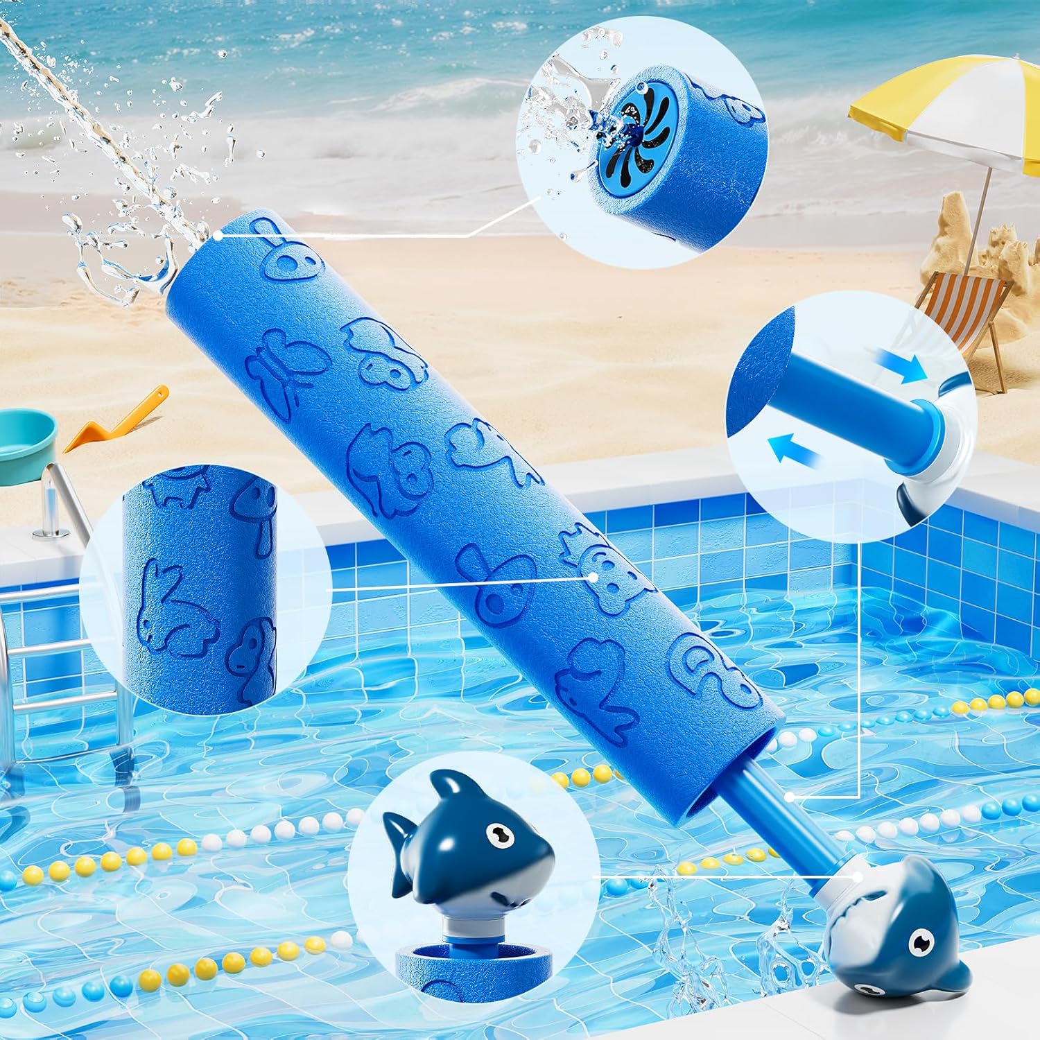 Toddler 6-Pack Animal-Handle Foam Water Blaster Guns for Kids 3 4 5 6 7+, Colorful Printed Squirt Water Shooters with Unique Animal-Shaped Grips, Birthday Outdoor Gifts for Toddlers Boys Girls