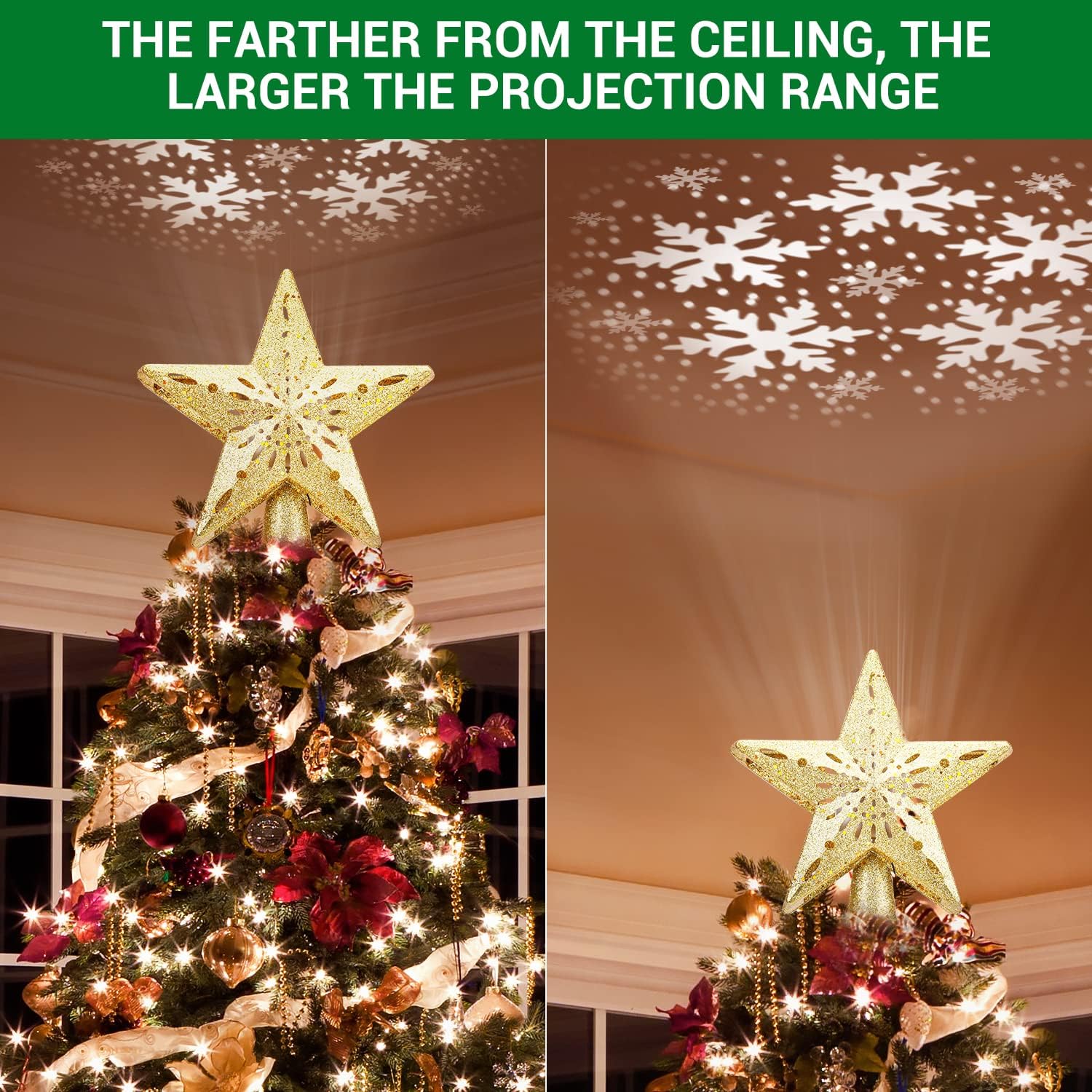 Christmas Tree Star Topper Lighted with 6 Projection Slides, Star Christmas Tree Topper LED Rotating 3D Lighted Gold Christmas Tree Topper Glitter Tree Topper Projector for Christmas Tree (Gold)