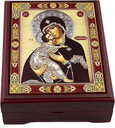 Needzo Rosario Caja de iconos de Madonna Caja de Virgen María de Vladimir para cuentas de oración, joyería de Madonna y Cristo soporte de madera