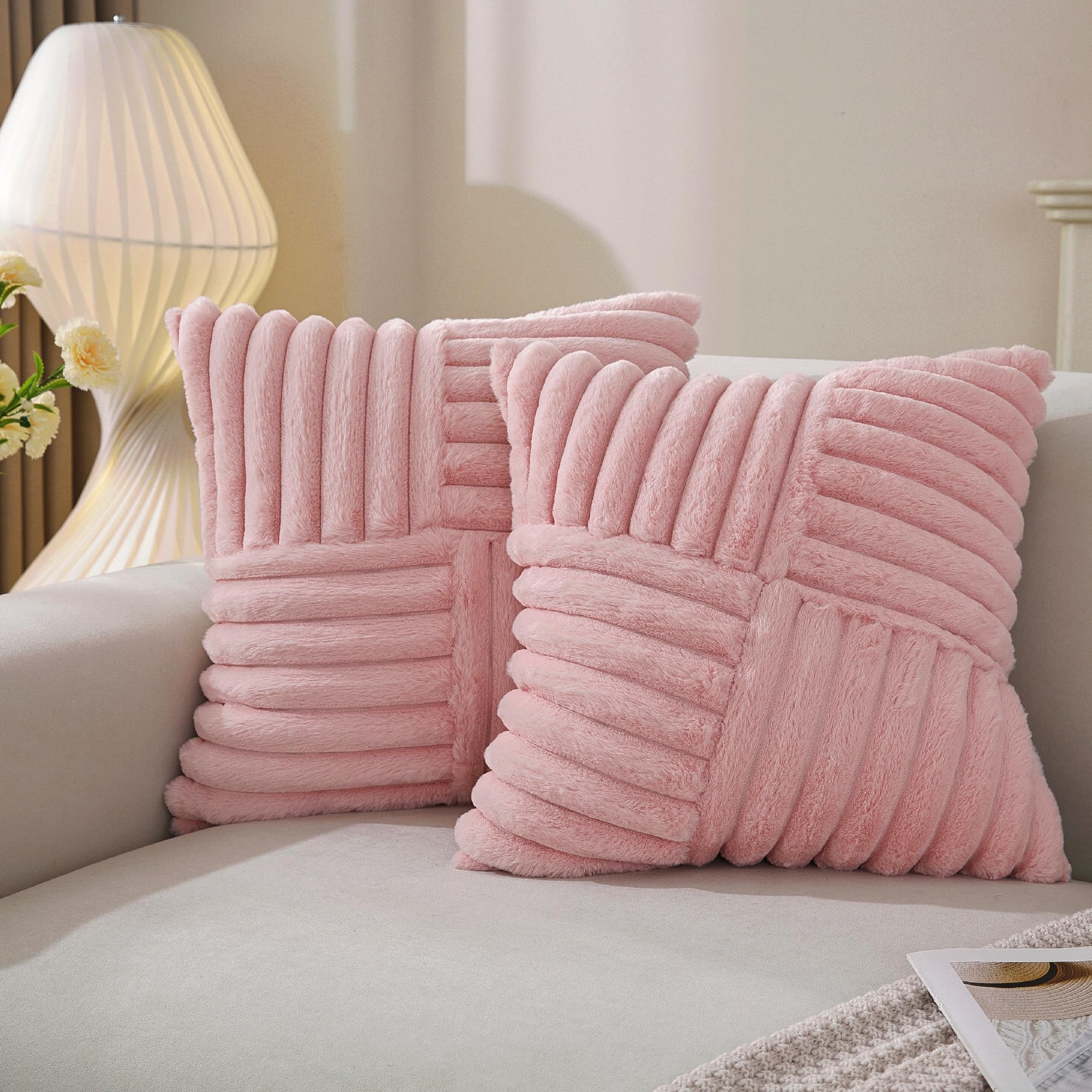 TAOSON Set of 2, Pink Faux Fur Throw Pillow Covers 18x18 - Plush Fluffy Velvet Cushion Cases, Patchwork Striped Fuzzy Pillow Shams for Cozy Home Decor on Bed, Sofa & Living Room