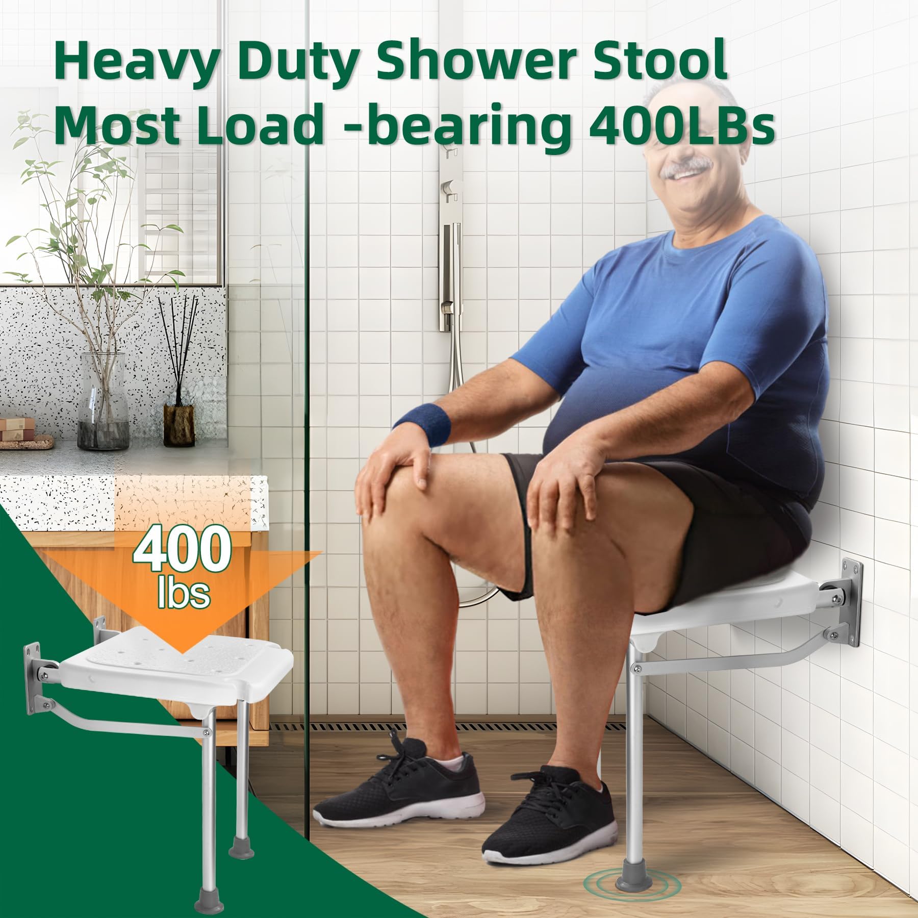 Banco de Ducha Plegable de Pared, Asiento de baño Plegable, Silla de baño atornillable, Taburete con Patas, Orificios de Drenaje y Ranura for Cabezal de Ducha, Blanco, 40 x 38 x 42 cm
