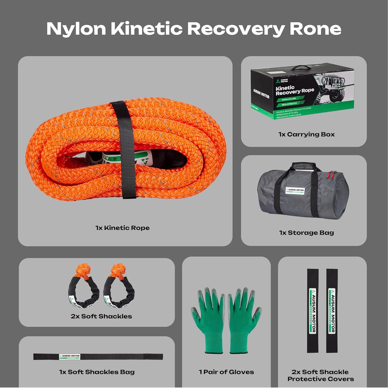 Kinetic Recovery Rope 1in x 20ft, Kinetic Rope Recovery Kit 48,600lbs Break Strength, with 2 Soft Shackles, 35% Elasticity, Heavy Duty Tow Ropes for Trucks SUV UTV ATV Tractor Car, Orange