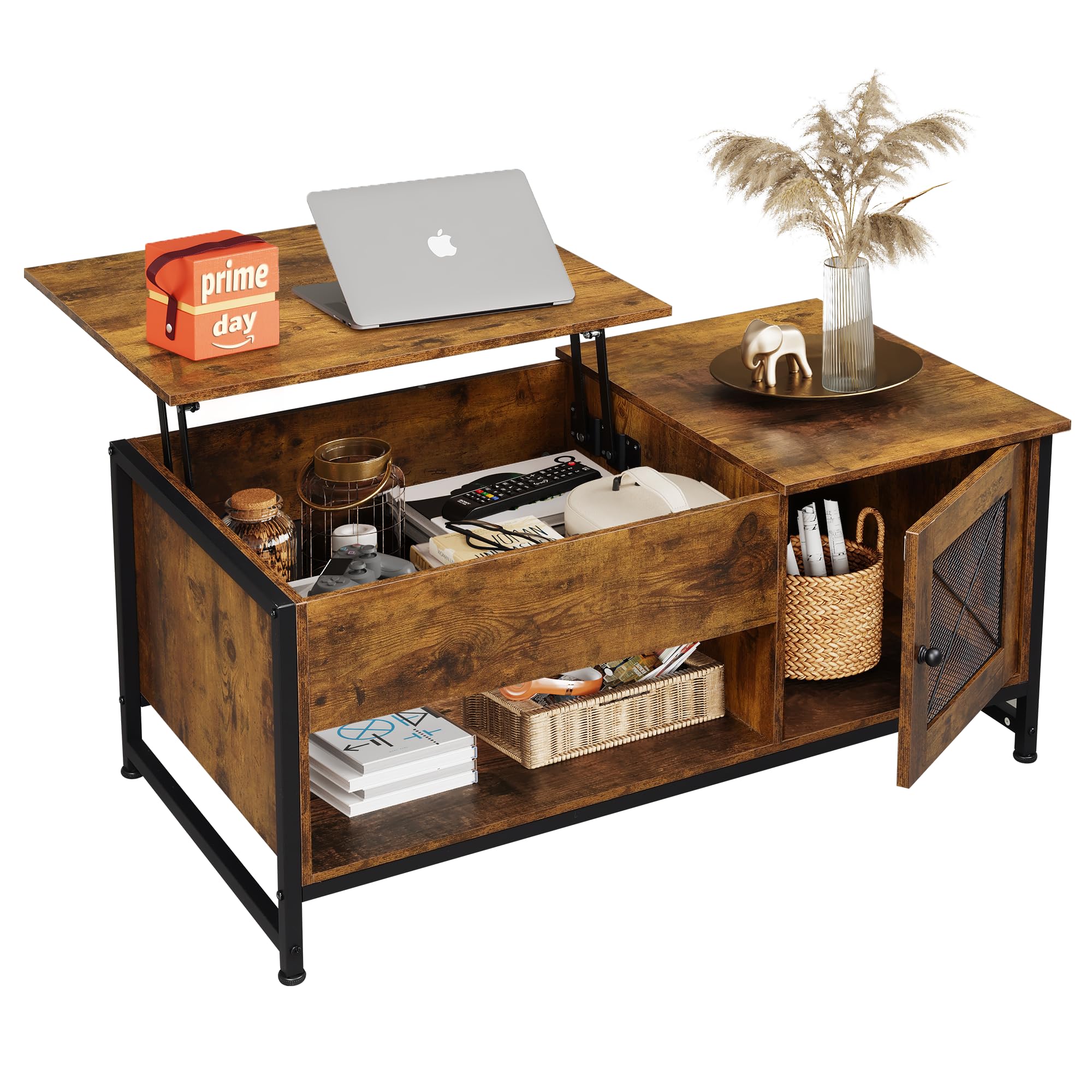 Photo 1 of ****READ NOTES*** Lift Top Coffee Table with Storage,Hidden Compartment and Open Shelf,Living Room Tables with Metal Mesh Door Cabinet for Home, Office,Rustic Brown Lift Coffee Table,retro Brown