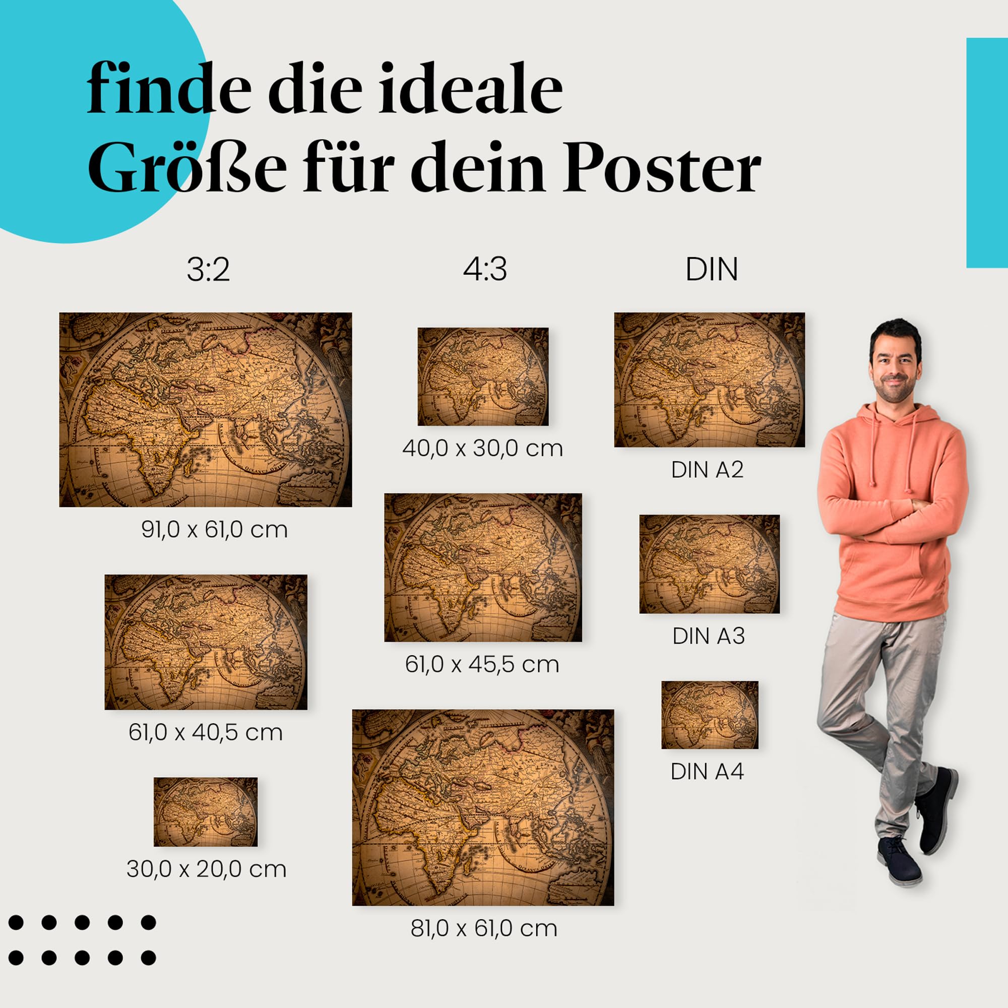 Postereck - 3336 - Landkarte, Rustikal Retro Alt Weltkarte Antik - Unterricht Klassenzimmer Schule Wandposter Fotoposter Bilder Wandbild Wandbilder - Leinwand - 100,0 cm x 75,0 cm