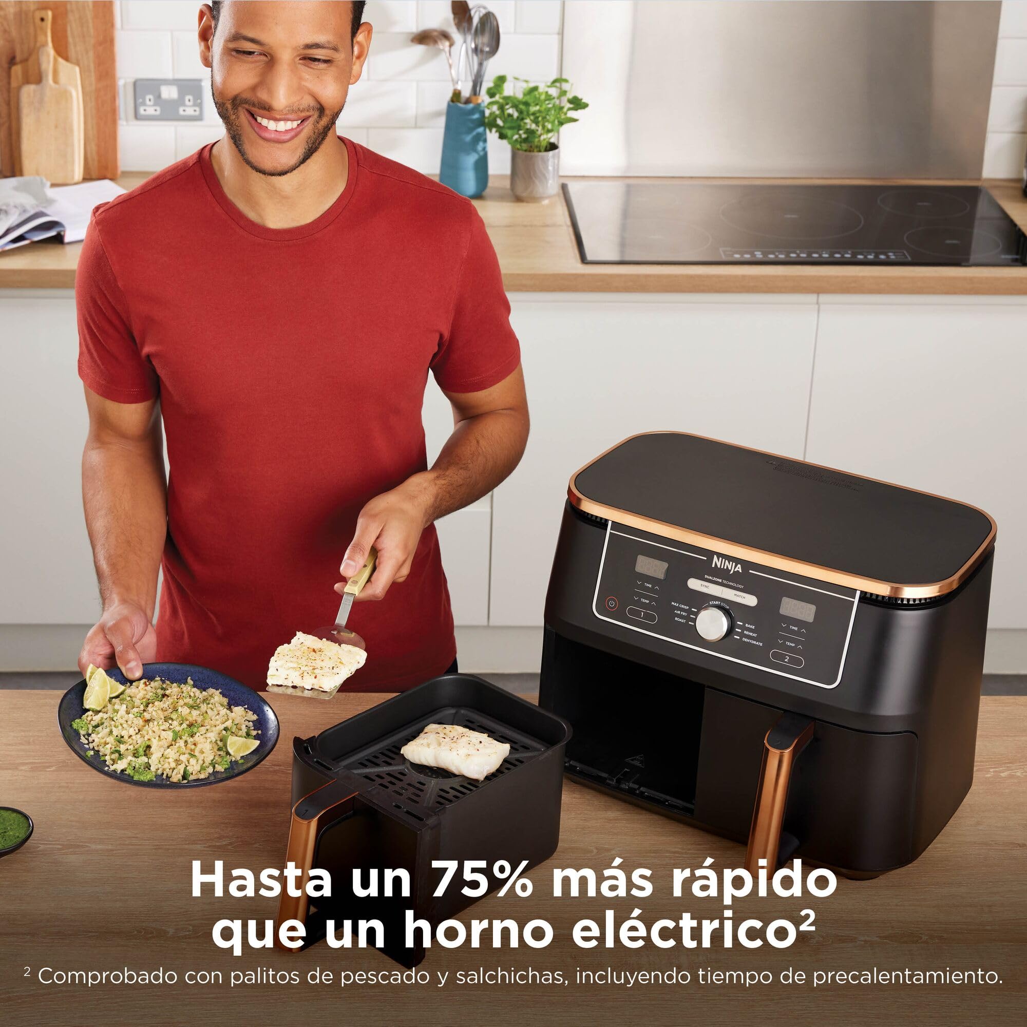 Ninja Foodi MAX Freidora de aire con compartimento doble, 9,6 l, 6 en 1, no usa aceite, Max Crisp, Asar, Hornear y más, pinzas, 8 porciones, cestas antiadherentes, en cobre y negro, AF400EUCP