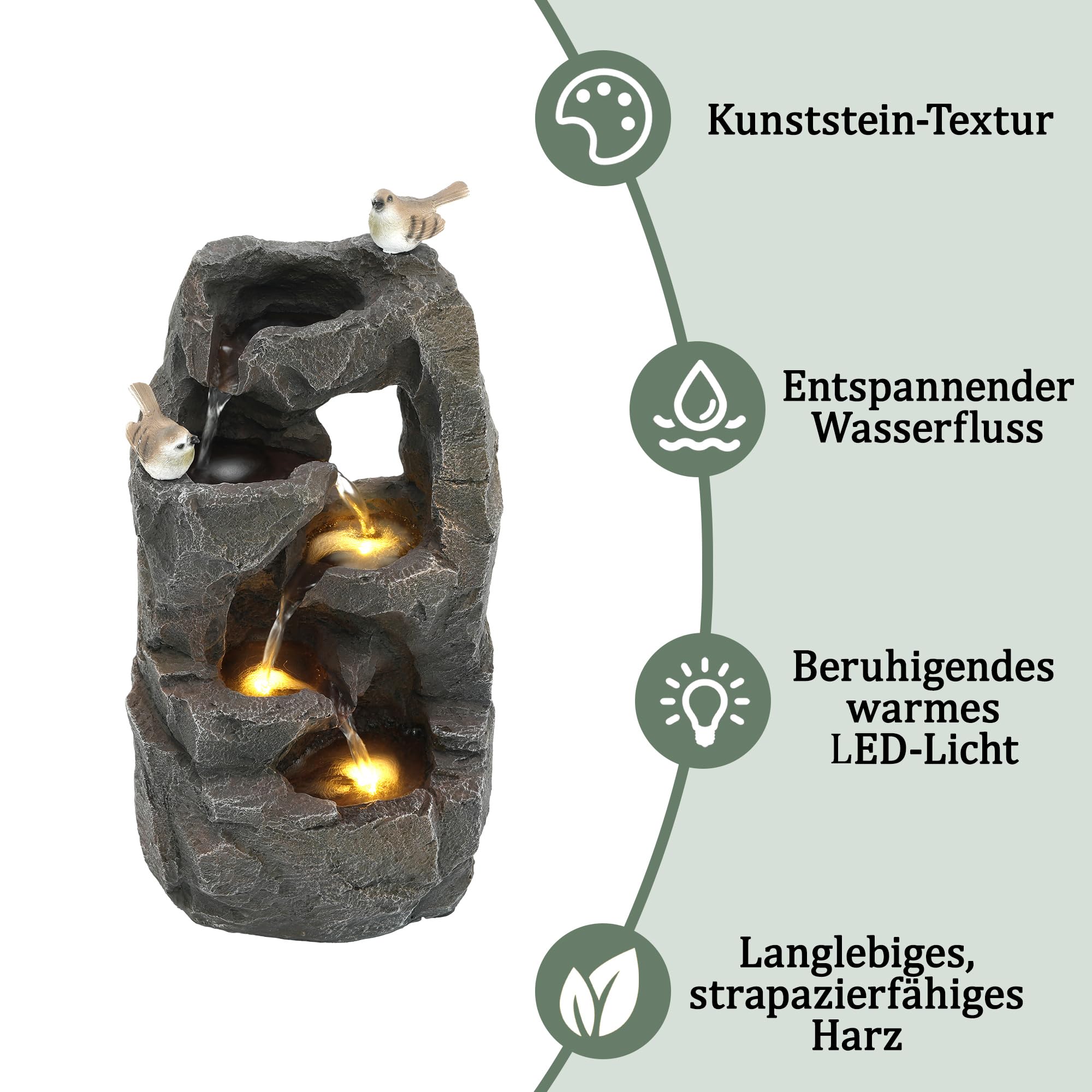 Merax Gartenbrunnen mit LED Beleuchtung, Moderner Standbrunnen für Garten, Terrasse, Balkon & Rasen, Steinoptik, Natürlicher Stil, 47cm Springbrunnen Wasserspiel Kaskade, Polyesterharz, Steingrau