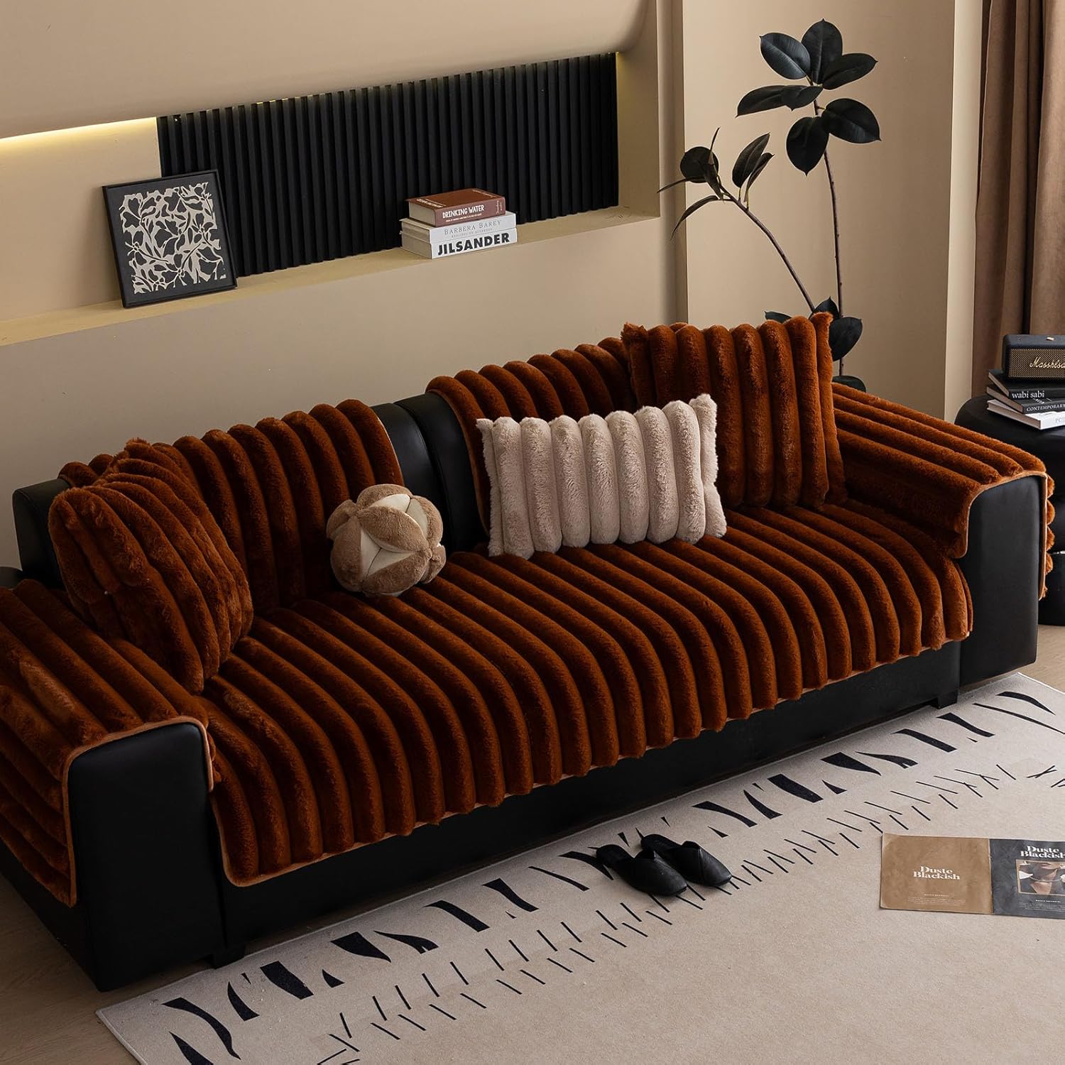 Faux Rabbit Fur Couch Sofa Cover Washable, Shaggy Fuzzy Sectional Couch Cover, Stripe Non-Slip Soft Plush Sofa Slipcover Furniture Protector for Dogs, Pets (Dark Coffee,36"x94")