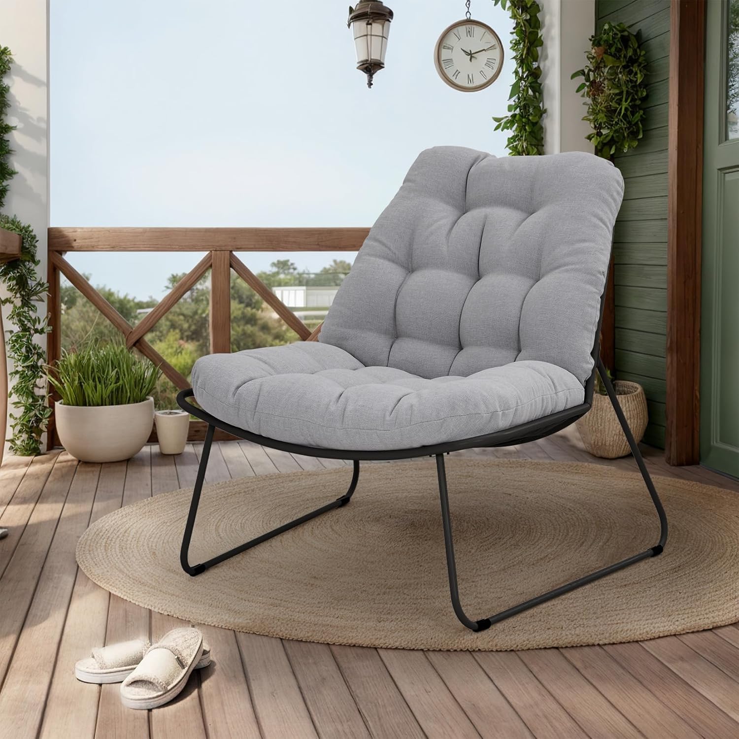 Grand patio Modern Accent Chair, Metal Outdoor Lounge Chair with Soft Cushion,Comfy Papasan Chair for Patio Backyard Porch Deck Bedroom, Weather Resistant and Easy to Maintain, Light Gray