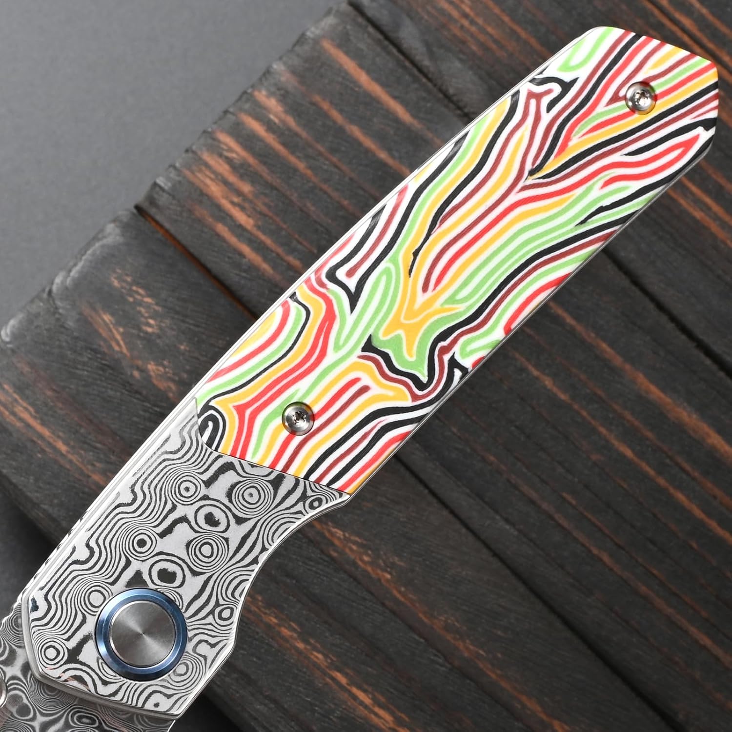 Sitivien ST271 Damascus Steel Blade Folding Knife, Damascus & Colorful G10 Handle with Ball Bearing for Men Women Outdoor Camping, Hiking, Fishing(Color)