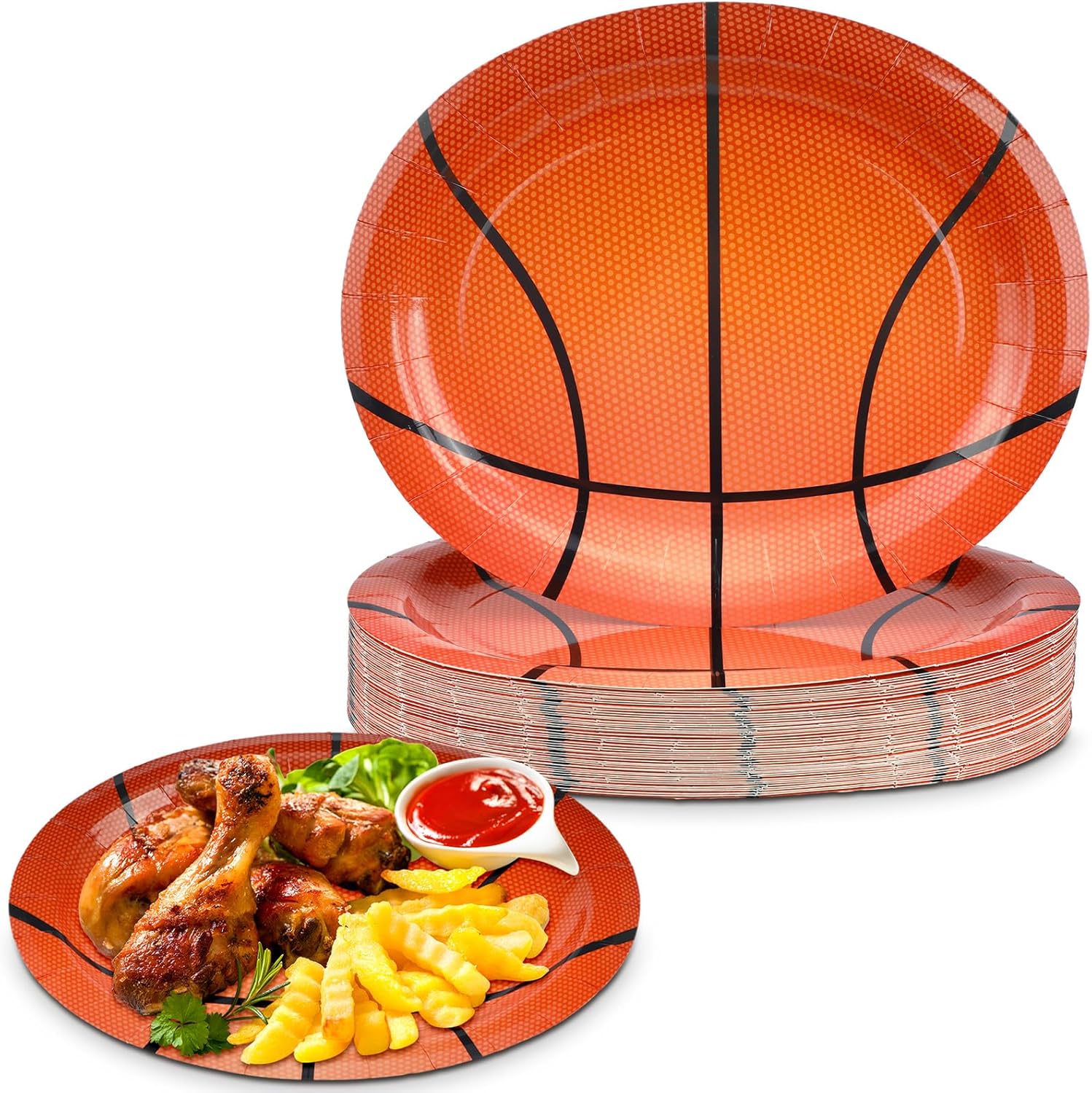 Ziliny 50 Pcs Basketball Oval Paper Plates Disposable 10 x 12 Inch Sports Theme Birthday Party Supplies Sport Party Tableware Baby Shower Cake Plates for Birthday Decorations