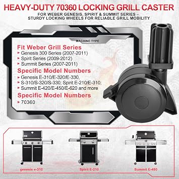 70360 Locking Caster with Insert for Weber Genesis 300 Summit E-420 wheels | Fits Genesis S/E-310 S/E-320 S-330, Spirit 310 Spirit E-210 E-310 wheels replacement, heavy-duty thick casters, easy install
