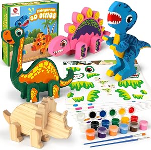 Mocoosy Wooden Dinosaur Painting Art and Craft Kit for Kids 3-5, Build & Decorate Your Own Dinos with Paint & Stickers, Wood Dinosaur Builder Game Montessoi Fine Motor Toy Gift Toddler Boys Girls 4-8