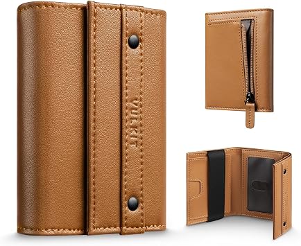 VULKIT Mens Wallet RFID Blocking Leather Compact Trifold with Zippered Coin Pocket, ID Window and Business Card Holder Brown