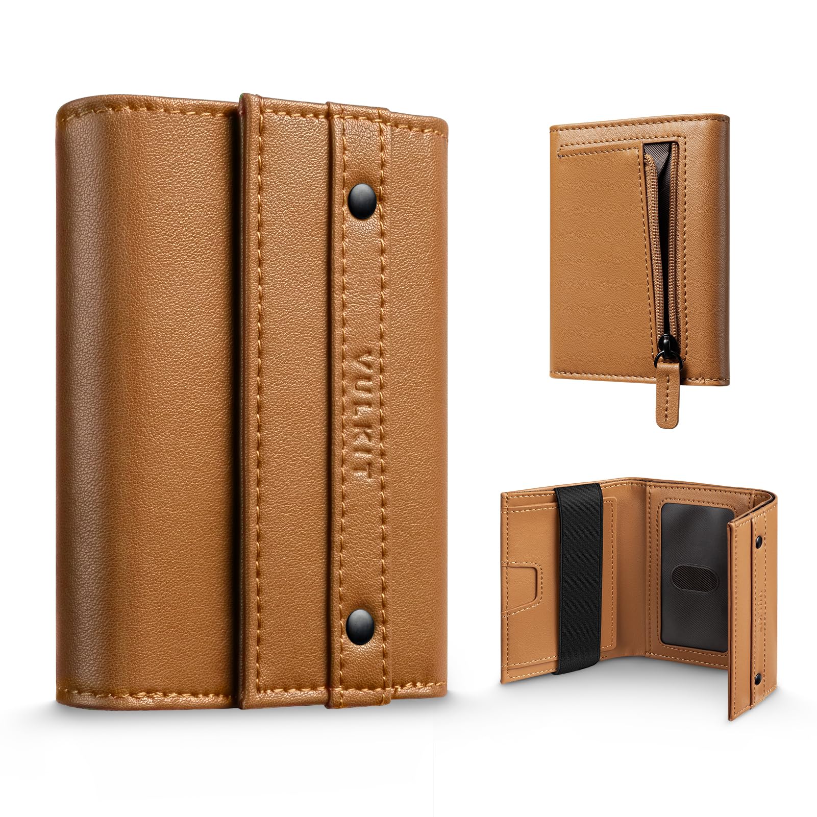 VULKIT Herren Geldbörse RFID Schutz Leder Kompakte Trifold mit Münzfach mit Reißverschluss, Ausweisfenster und Kartenhalter für Visitenkarten, Amber Braun